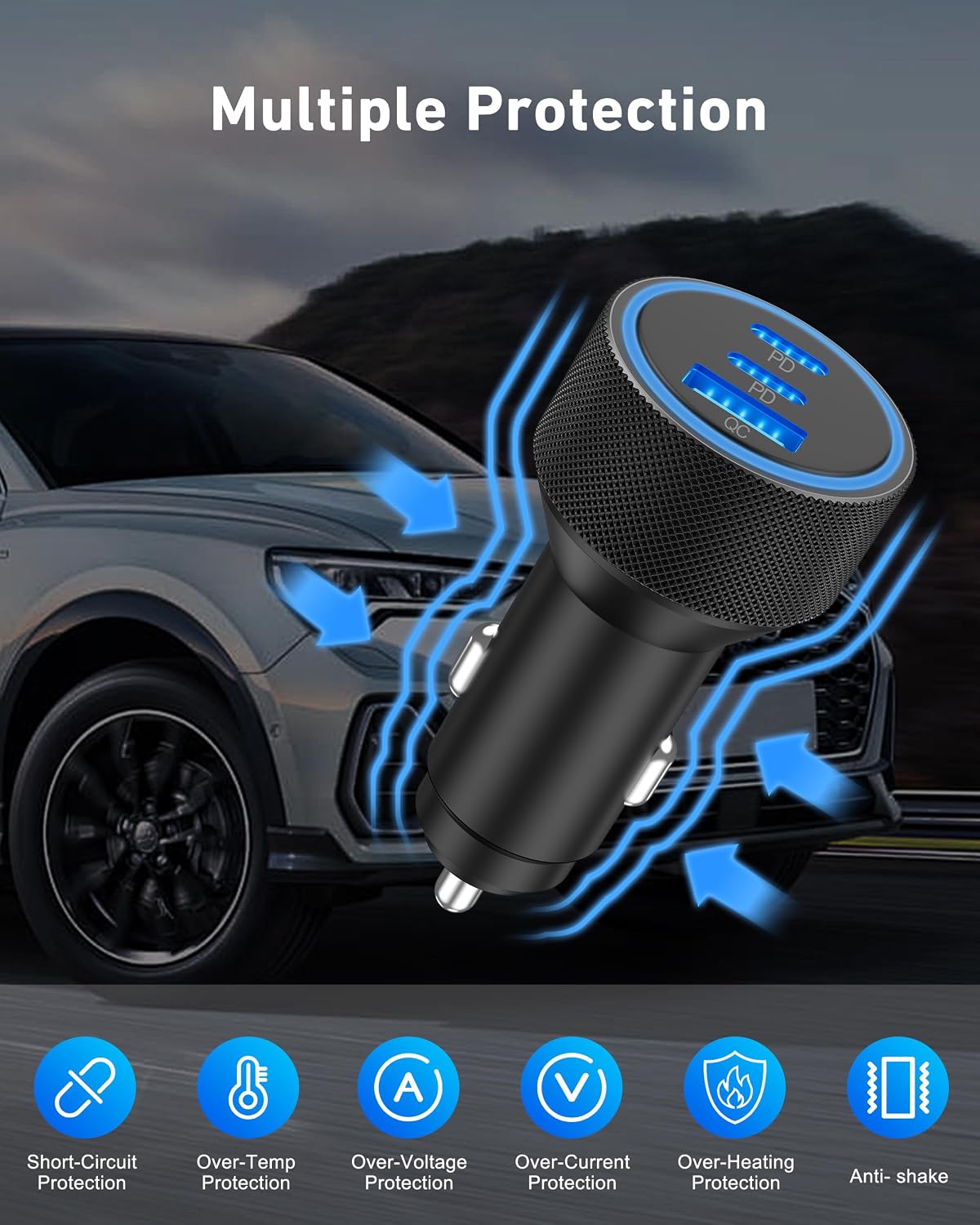 for iPhone 17/16/15 Pro Max Car Charger, 67W Fast USB C Car Charger | 3-Port Power Cigarette Lighter Adapter, with 3FT USB C to C Cable, for iPhone 17/17 Pro/Air/17e/16/15 Pro Max/Plus/16e/iPad
