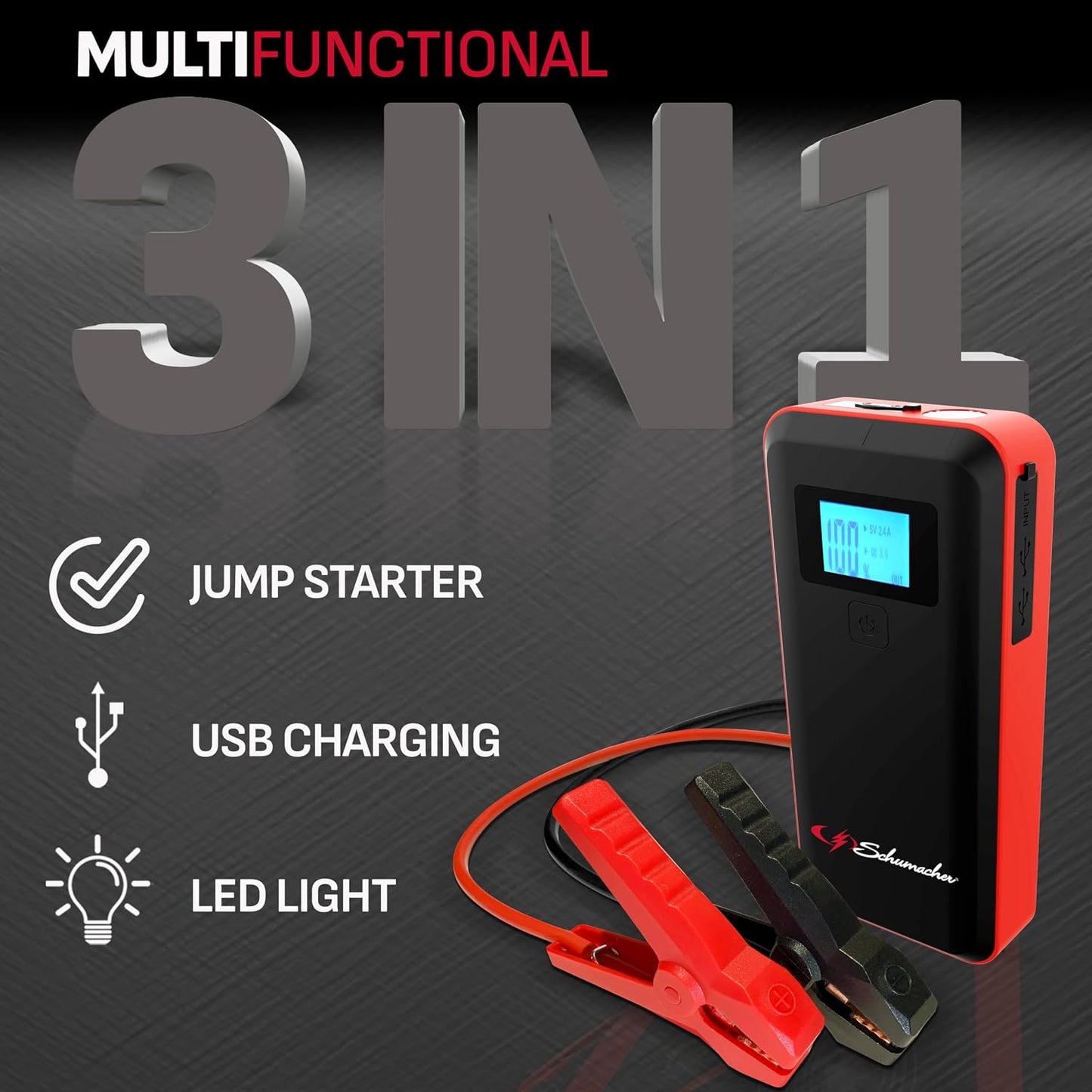 Schumacher Electric 1000 Peak Amp 12V Portable Lithium Car Battery Jump Starter & Power Pack - Lithium Ion Jump Box - with USB Charging & LED Emergency Light - SL1639