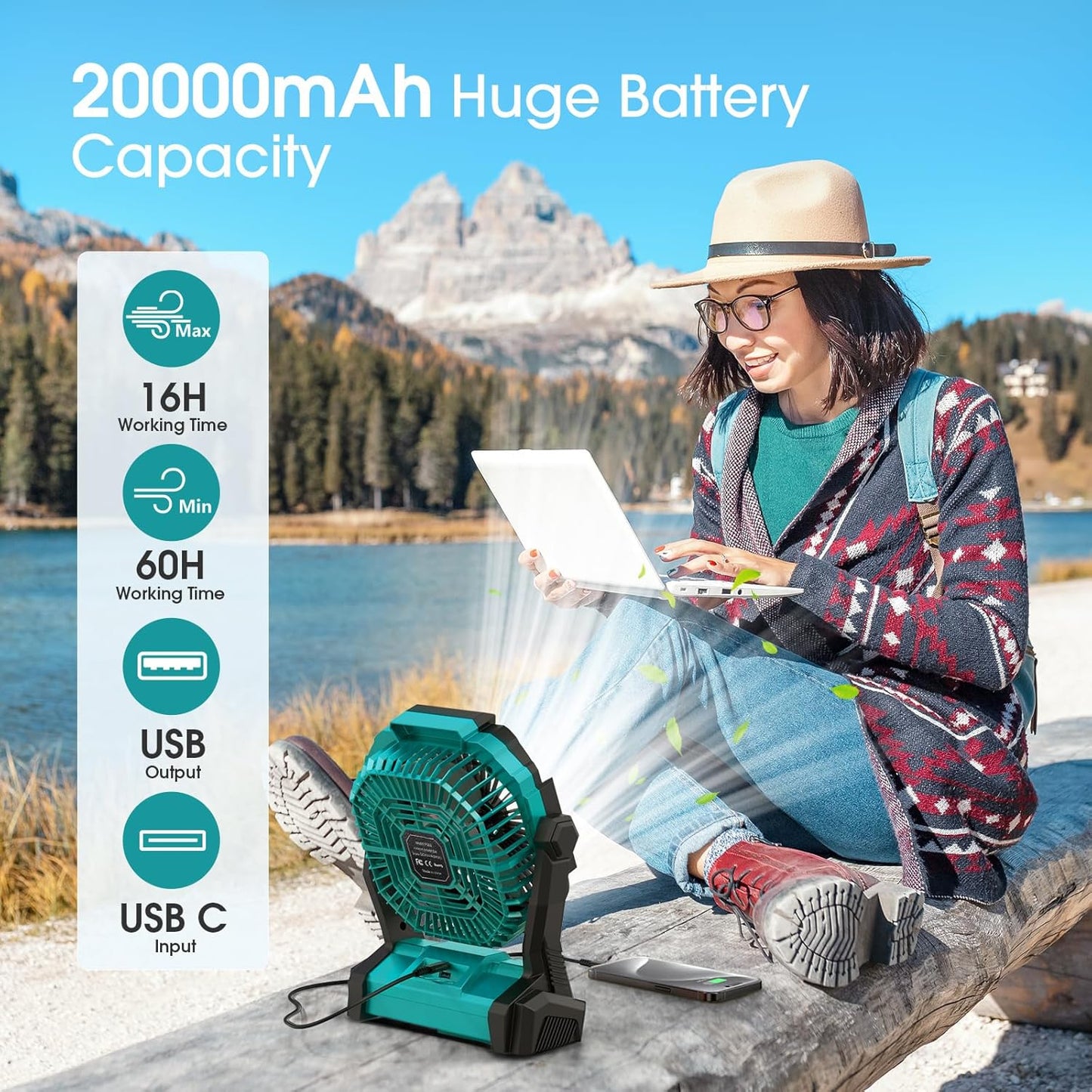 Portable Fan Rechargeable, 20000mAh Cordless Battery Powered Fan with LED Lantern Battery Operated for Travel Bedroom Home Camping Tent Office Beach Desk Fishing Table
