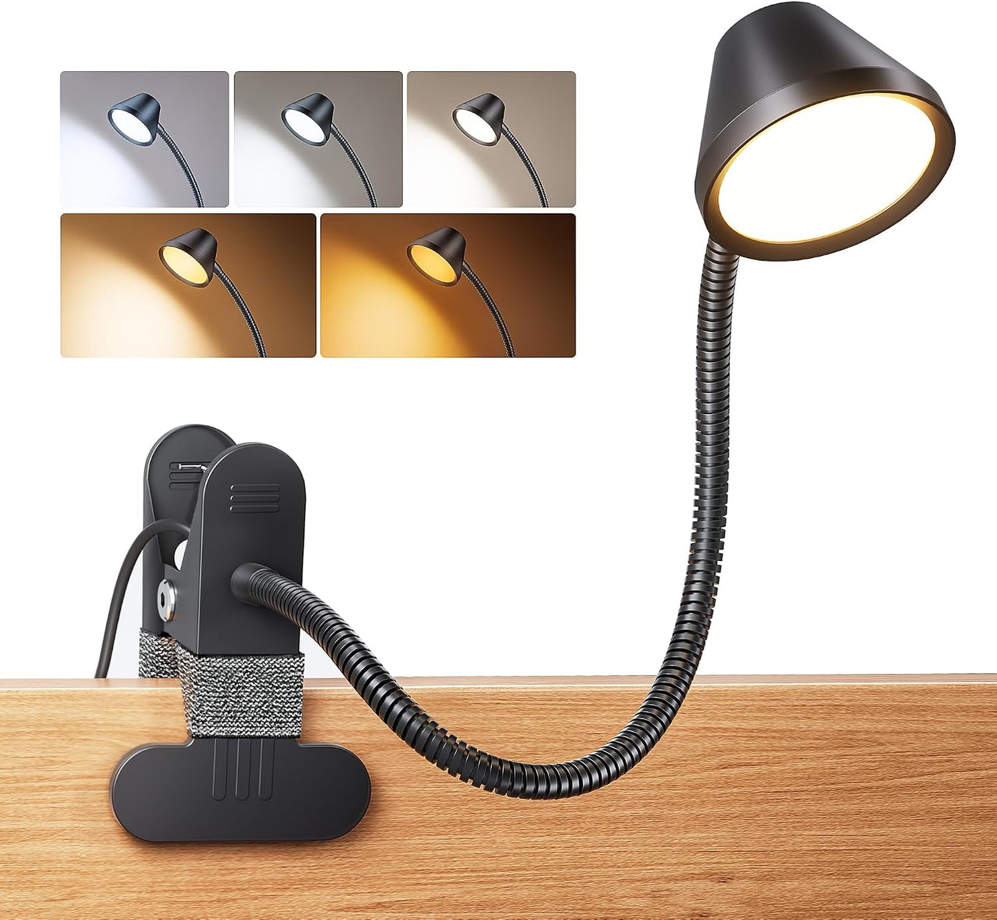 LEPOWER Clip on Light, Reading Lights for Books in Bed, 400LM, RG0 Eye-Care | 5 Colors & Stepless Dimming, Amber Glow Light & Auto Timer, Up to 2.3" Strong Clamp with Adapter for Headboard, Bedside, Desk