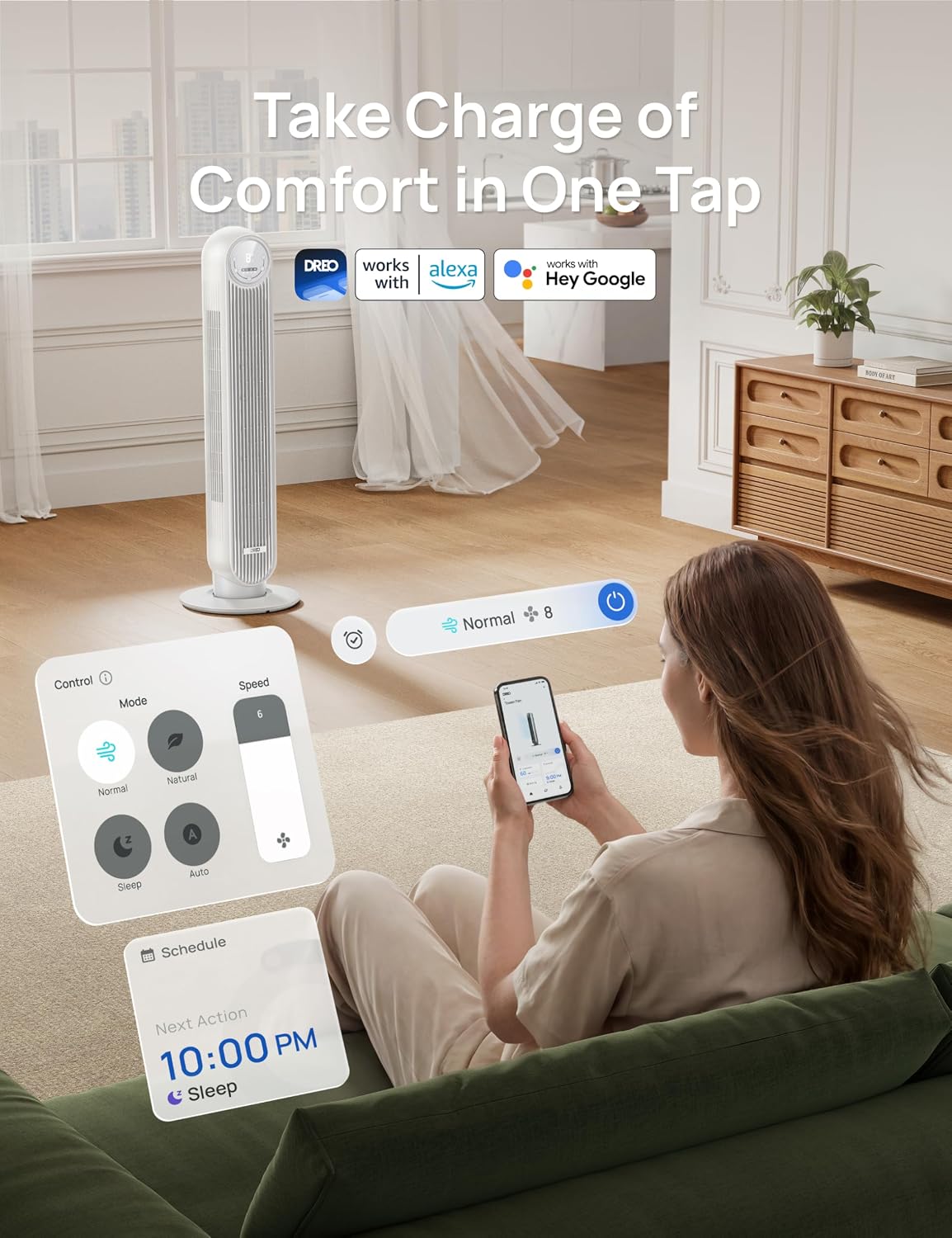 DREO Smart Tower Fan for Bedroom, 28ft/s, 20dB Ultra Quiet Fan, 8 Speeds | 2026 Upgraded DC Motor, 90° Oscillating Floor Fan, WiFi Voice Control, 4 Modes 8H Timer, Bladeless Standing Fans with Remote