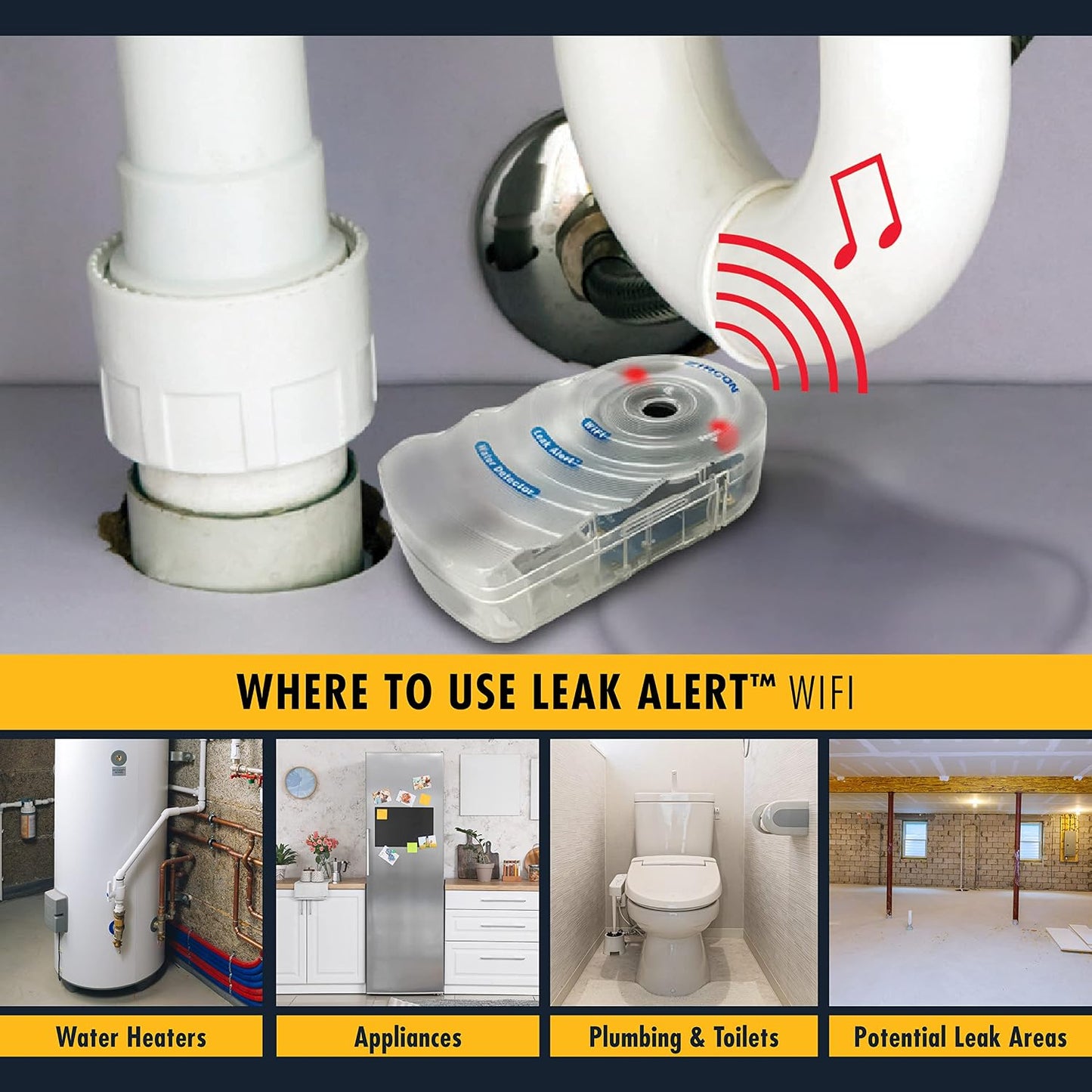 Zircon® Leak Alert™ WiFi Smart Water Leak Detector Alarm, Battery Included | No-hub WiFi detector provides email, audio and visual alerts with a 105 dB alarm; included battery supports setup