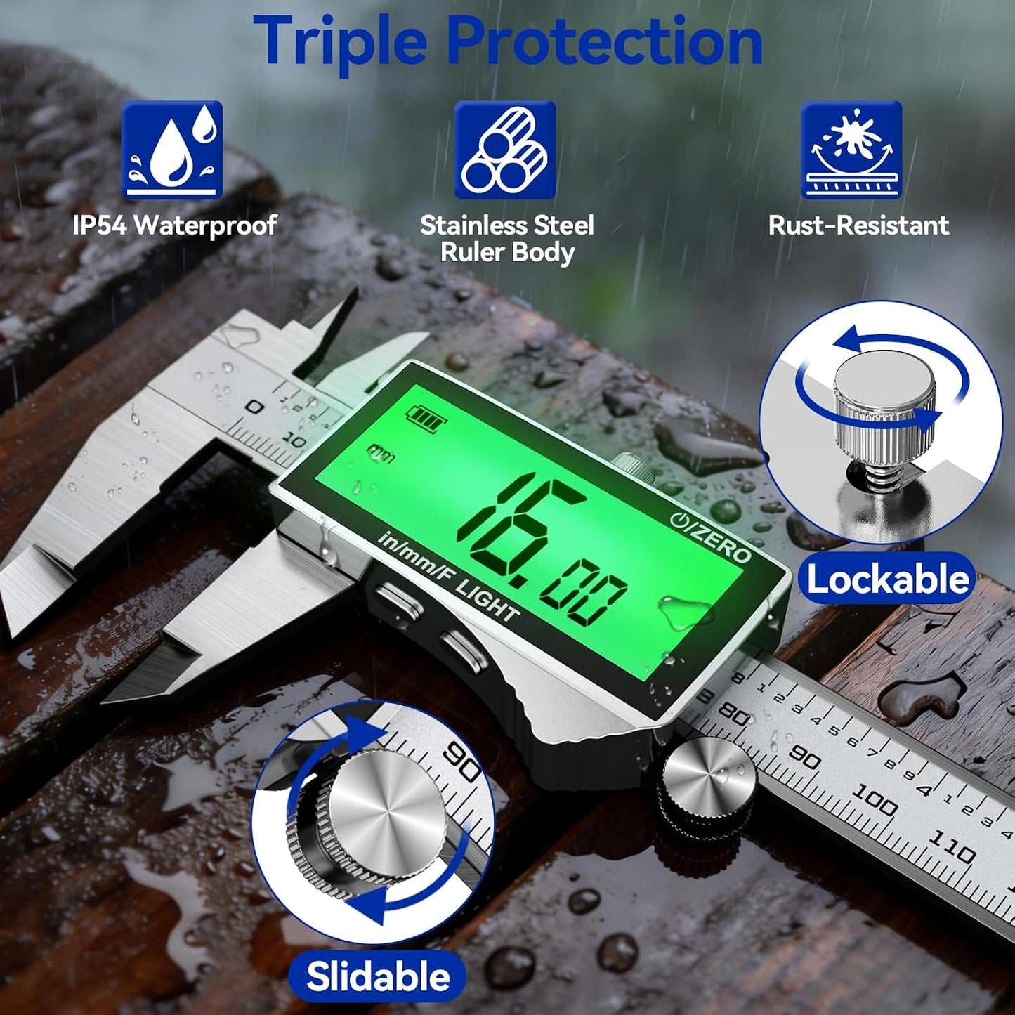 Rechargeable Digital Caliper 6 Inch, High-Precision Stainless Steel Vernier Caliper with Backlight, Support MM/in/F, Type-C Charging, LCD Screen Measuring Tool