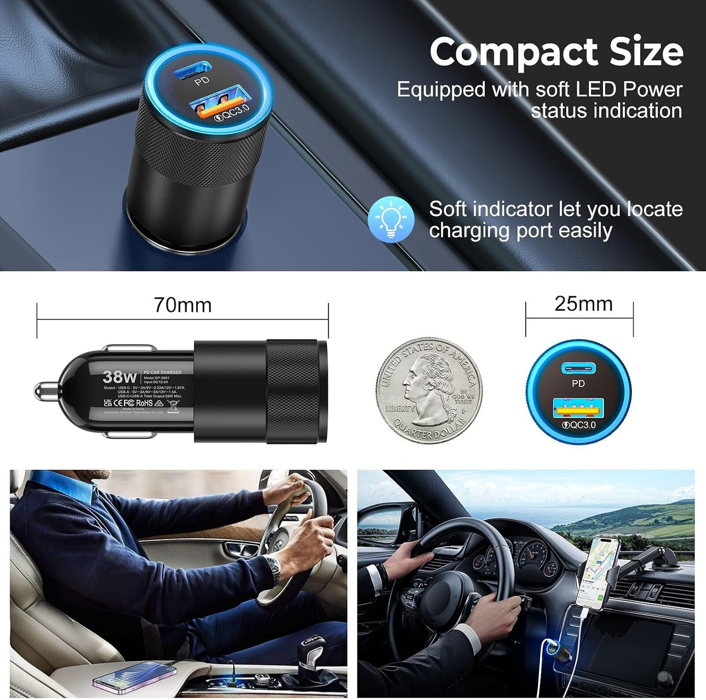6 Pack USB C Car Charger, Ancekoy 38W USB-C + USB-A Car Charger Adapter | Fast Charge PD/QC 3.0 Cigarette Lighter Adapter USB Charger Plug for iPhone 17/16/15/14/13/12/11/Pro Max, iPad, Samsung
