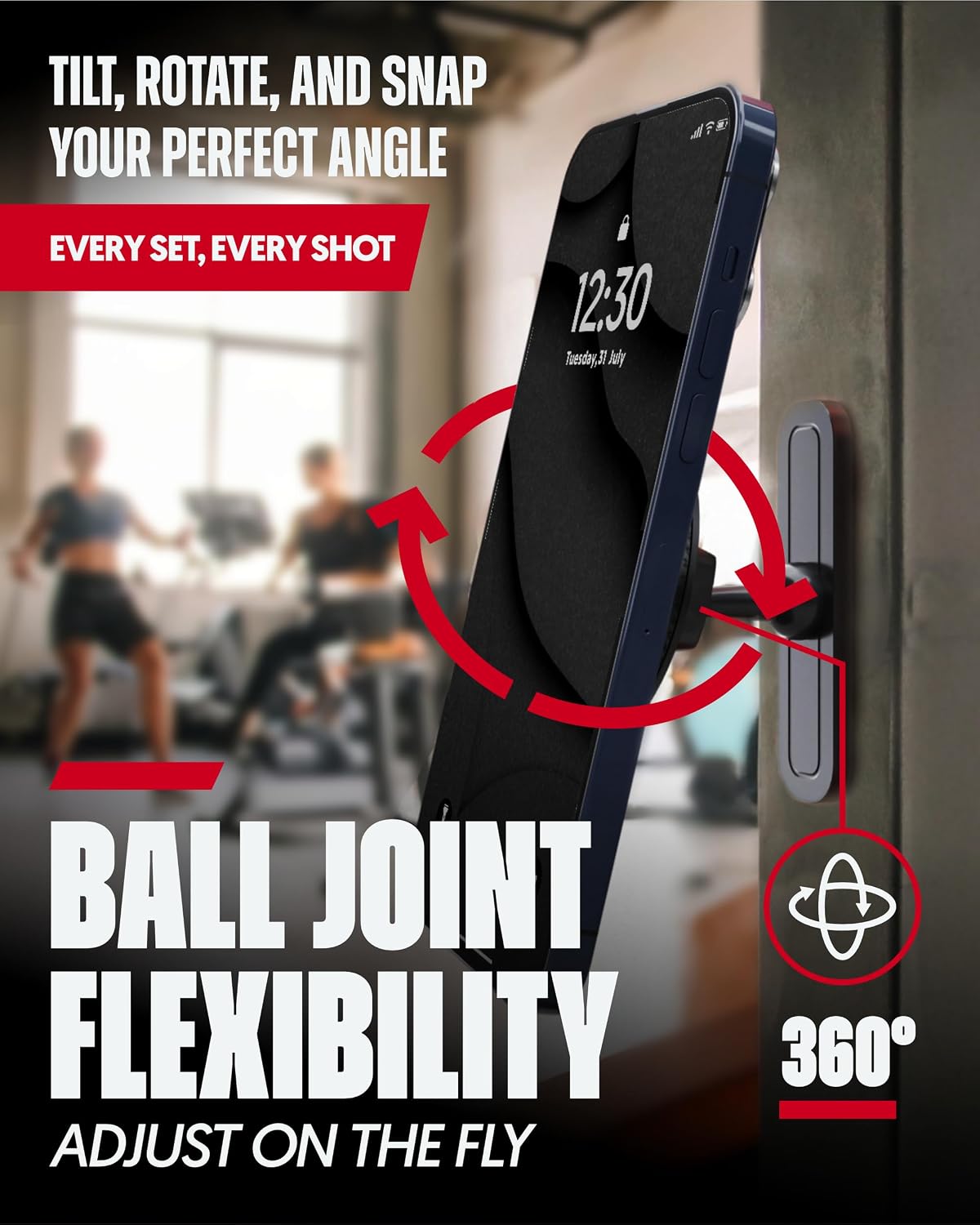 Magnetic Phone Holder for Gym, Stand for MagSafe and Android, Alloy Base | Aluminum body, 17 N52 magnets plus 6 rear. Flips to a stand. Ring for Android.