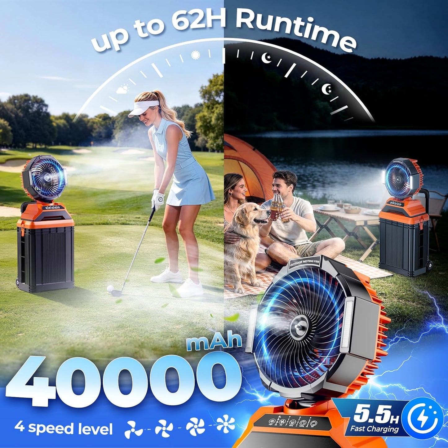 40000mAh Portable Misting Fan, 62H Max Runtime Rechargeable Mister Fan with 15L Bucket, Retractable Handle, Wide-Angle Oscillating Mist Fan for Outside Patios Golf Sports Camping Essentials