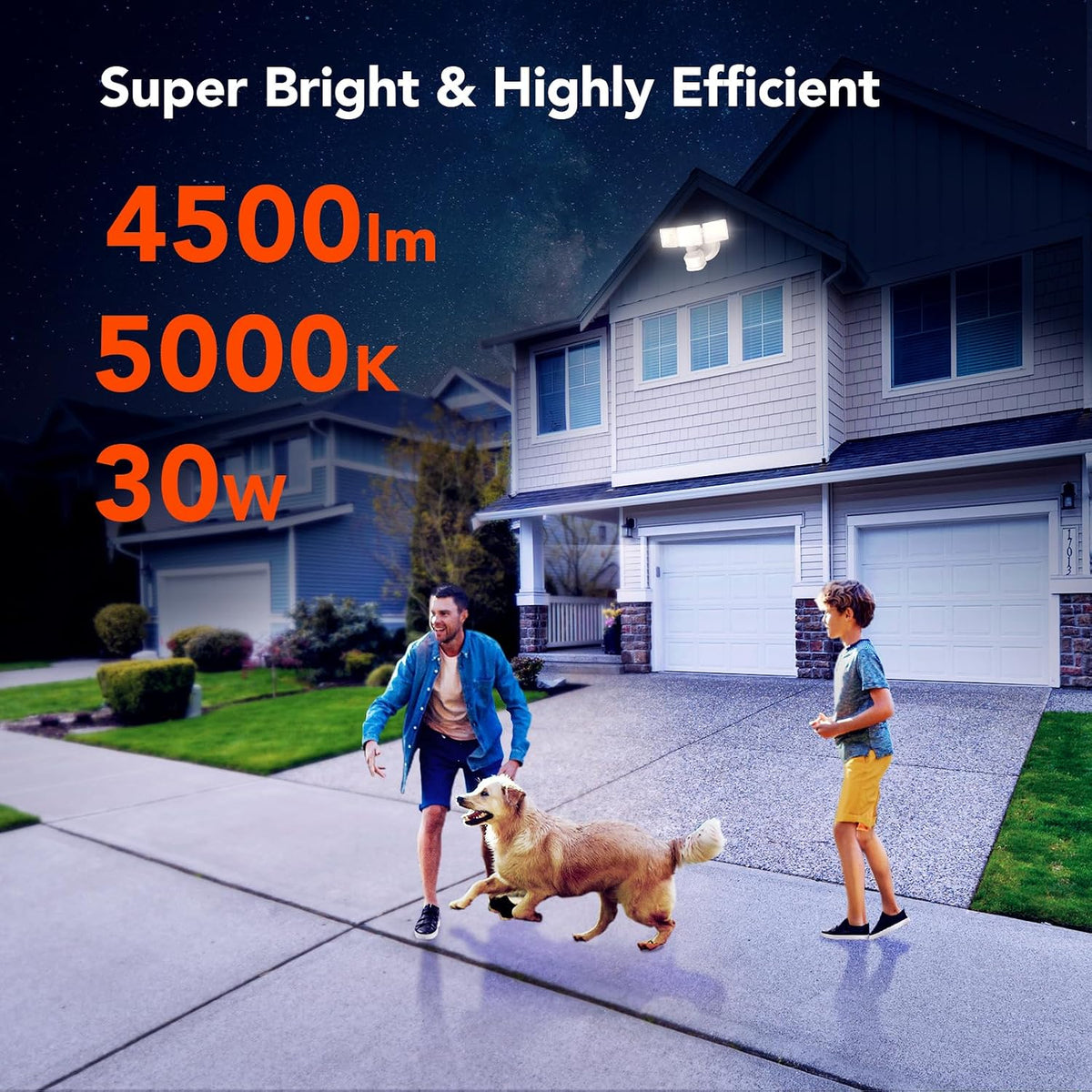 OREiN 4500LM/30W Flood Lights Outdoor, 240°/40FT Motion Sensor Outdoor Lights, Dusk to Dawn/Auto/Test Mode, IP65 Waterproof LED Security Light for Yard Garden, White (Hardwired)