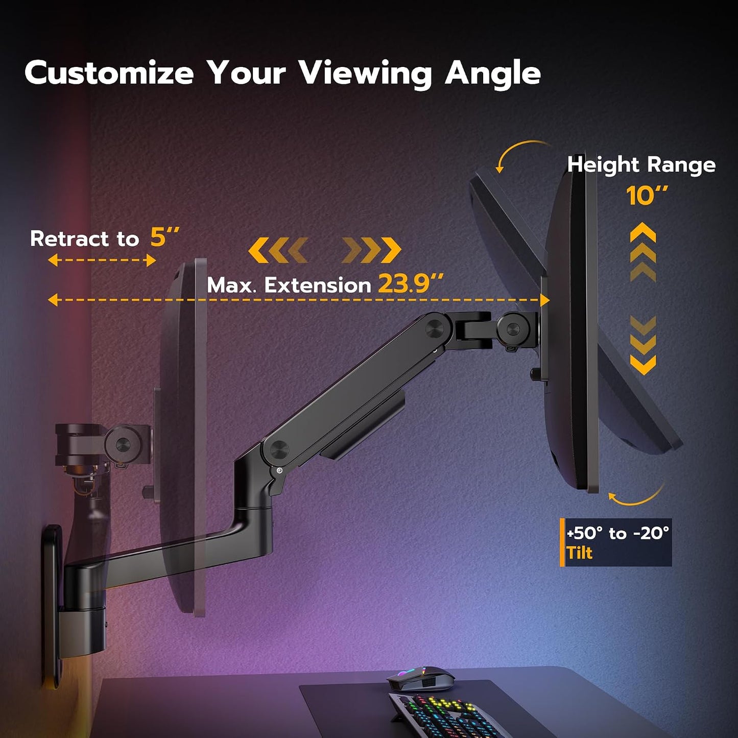ARES WING Wall Mount Monitor Arm for 17-49 Inch Ultrawide Screens, Black | Heavy Duty Single Monitor Arm Holds 44 lbs, Fully Adjustable Gas Spring Monitor Wall Mount, 75x75/100x100 VESA Mount