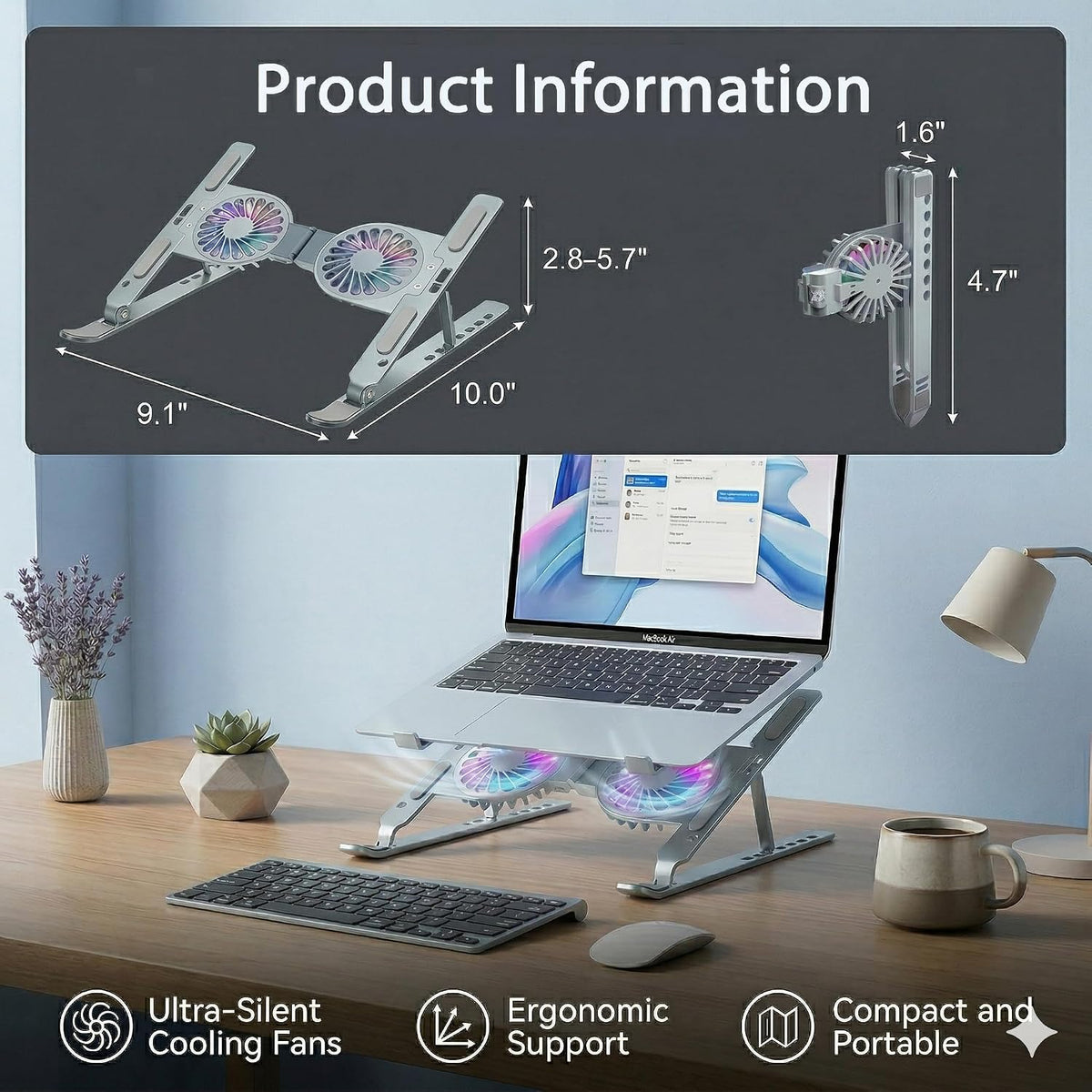 Laptop Cooling Stand with Dual RGB Fans, 7-Level Adjustable Height, Aluminum Ergonomic Laptop Cooler for 11-17'' Notebook (Gray)