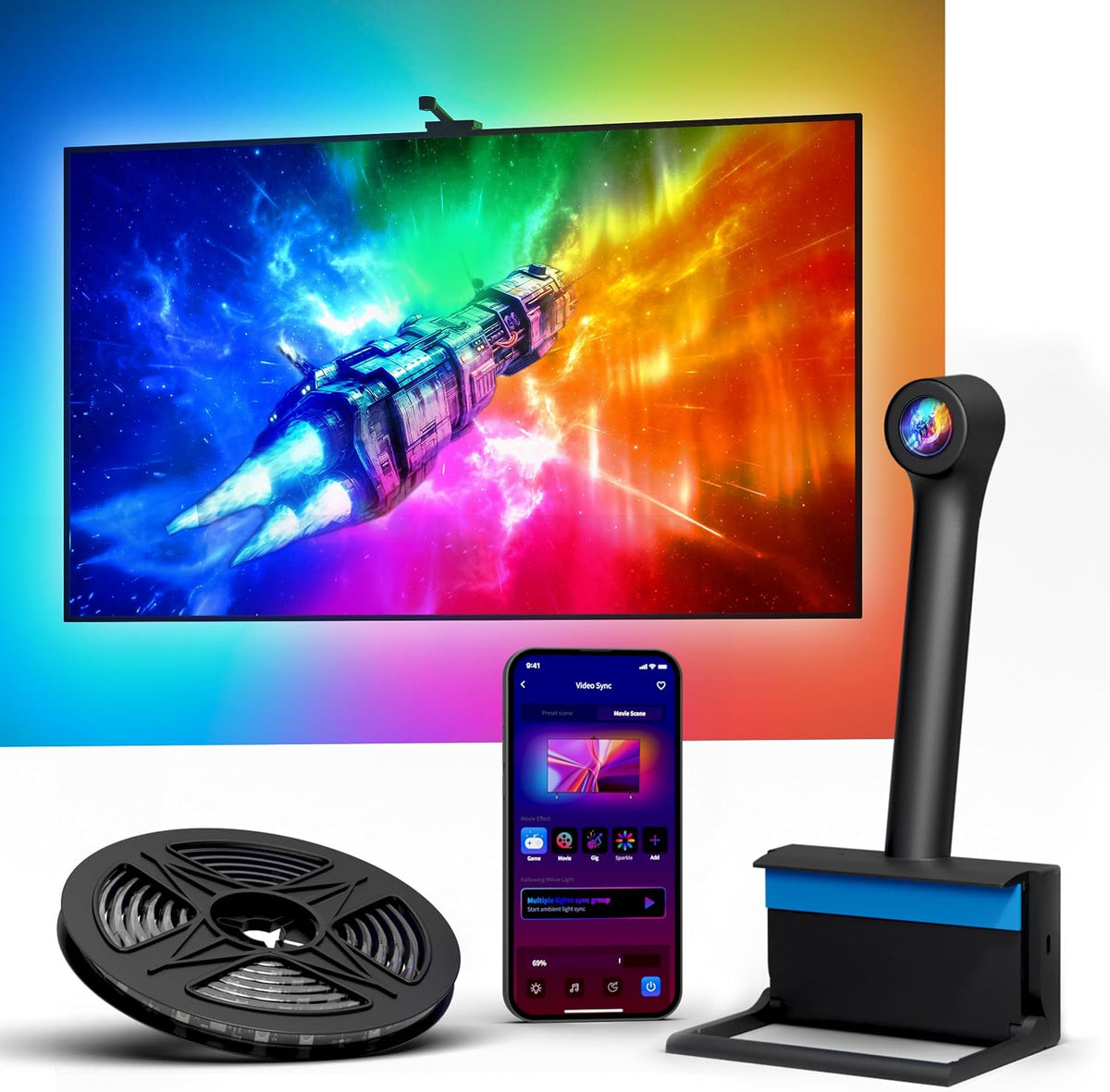 Ailofy RGBIC Smart LED Backlight with Camera for 55-70 inch Screens, 12.48ft LED Strip Lights Sync to Screen & Music, Color Changing Lights Compatible with Alexa & Google Assistant, App Control