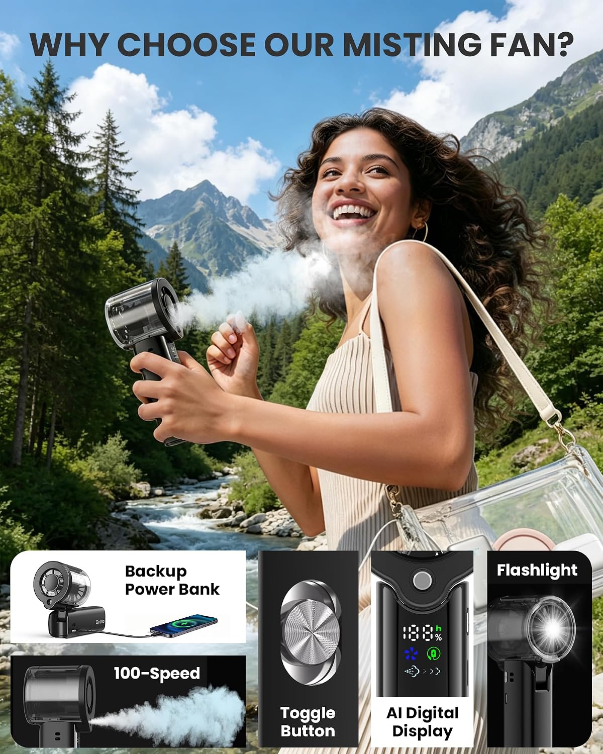 Portable Misting Fan with Mist, 3-in-1 Rechargeable Handheld 4000mAh | Adjustable mist mode, 100-speed wind control, LED display, power bank function, 30000RPM, compact & lightweight