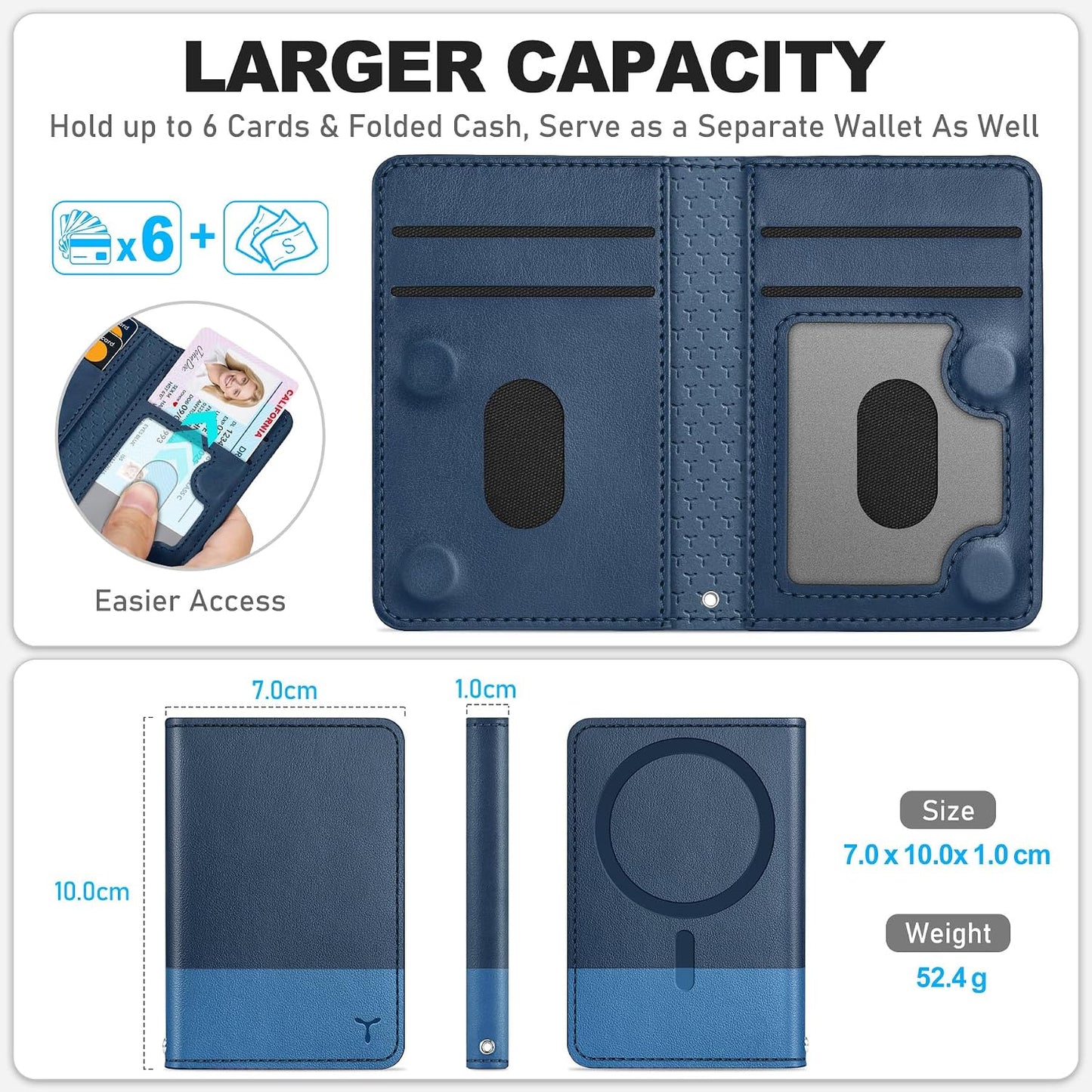 TUCCH Magnetic Wallet for Magsafe iPhone, 6 Card Holders, Blue & Light Blue | for iPhone 17/17e/16/15/14/13/12 Pro/Pro Max/Plus, RFID Blocking, Flip Card Case, Clear ID Window, PU Leather