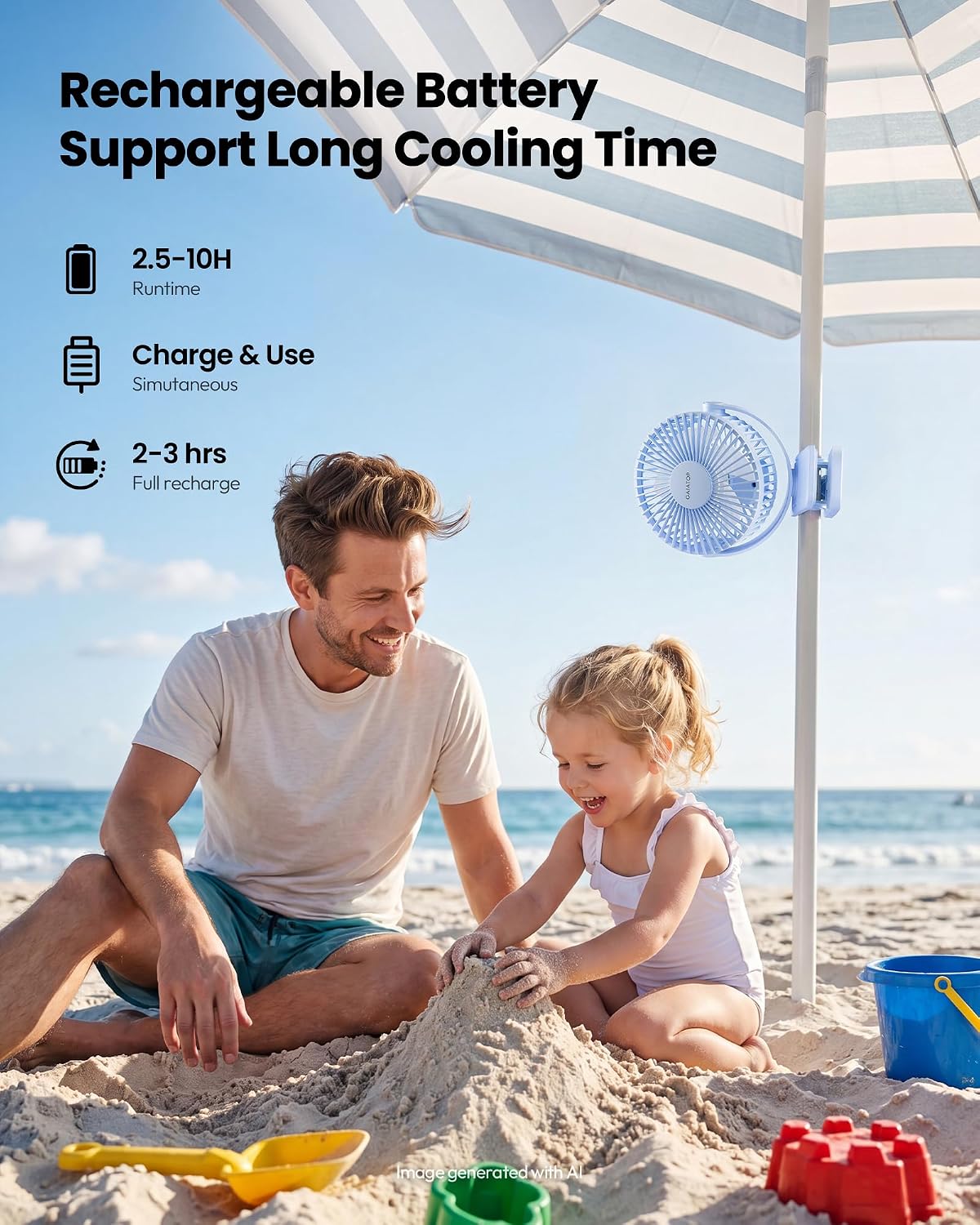 Gaiatop Portable Clip on Fan, Mini Personal Quiet Rechargeable Fan | Battery Operated, Small 3 Speed 360° Rotate, Cooling for Desk Table Home Office Stroller Camping Women Gifts Light Blue