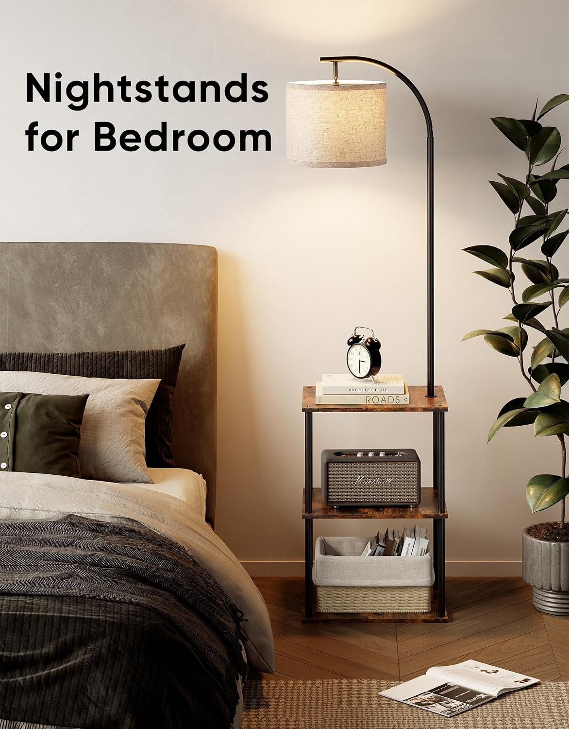 PARTPHONER Floor Lamp with Table, Night Stand with Lamp, Narrow Side Table with 3CCT LED Bulb, Small Coffee Table, Modern End Table with Storage Shelves for Living Room Bedroom Home Décor