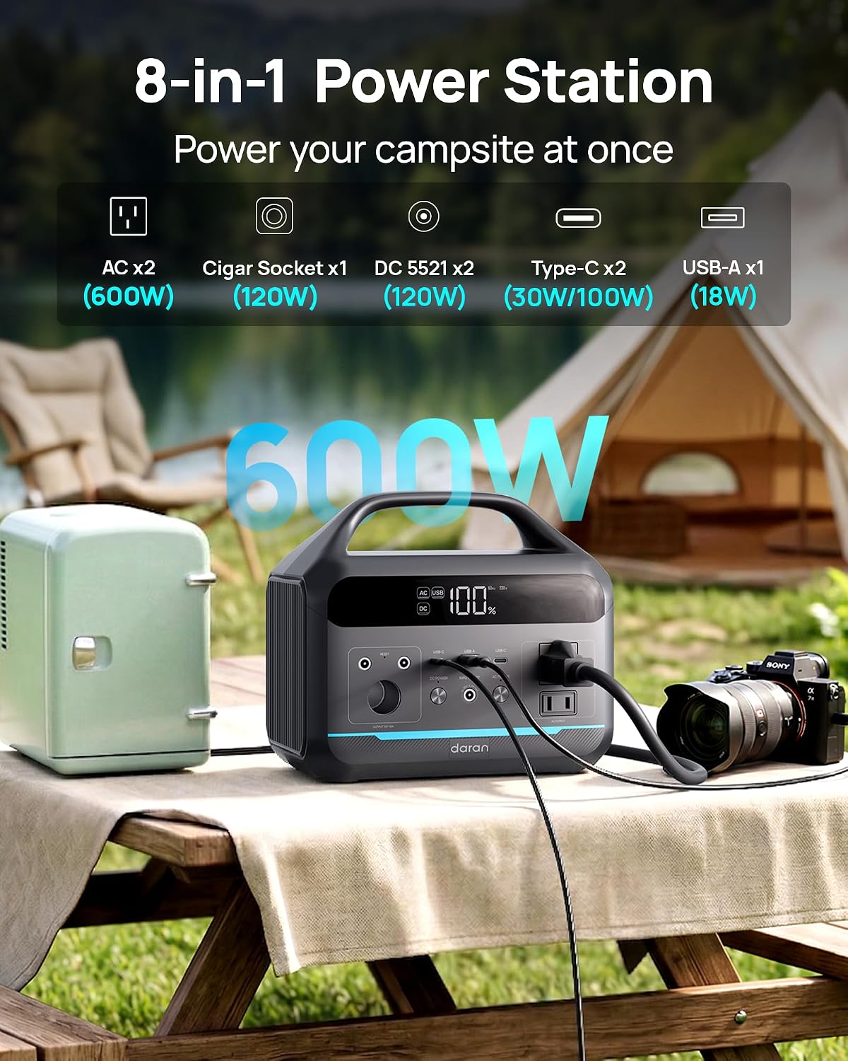 DARAN Portable Power Station 600W(1200W Surge) - 288Wh Solar Generator LiFePO4 Battery with AC DC Outlets, 8.3LB Portable Charging Station for Camping, RV, Home, Emergency (Solar Optional)