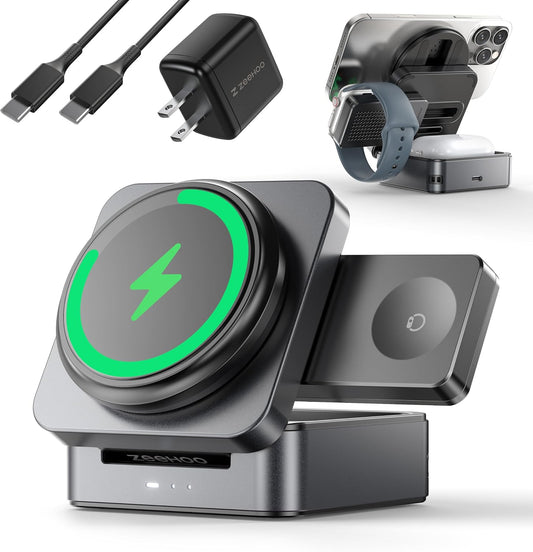ZEEHOO 3-in-1 Foldable Magnetic Wireless Charging Station, 15W Travel Charger Stand Dock for iPhone 17/16/15/14/13/12 Series, Apple Watch, AirPods (30W Adapter Included)