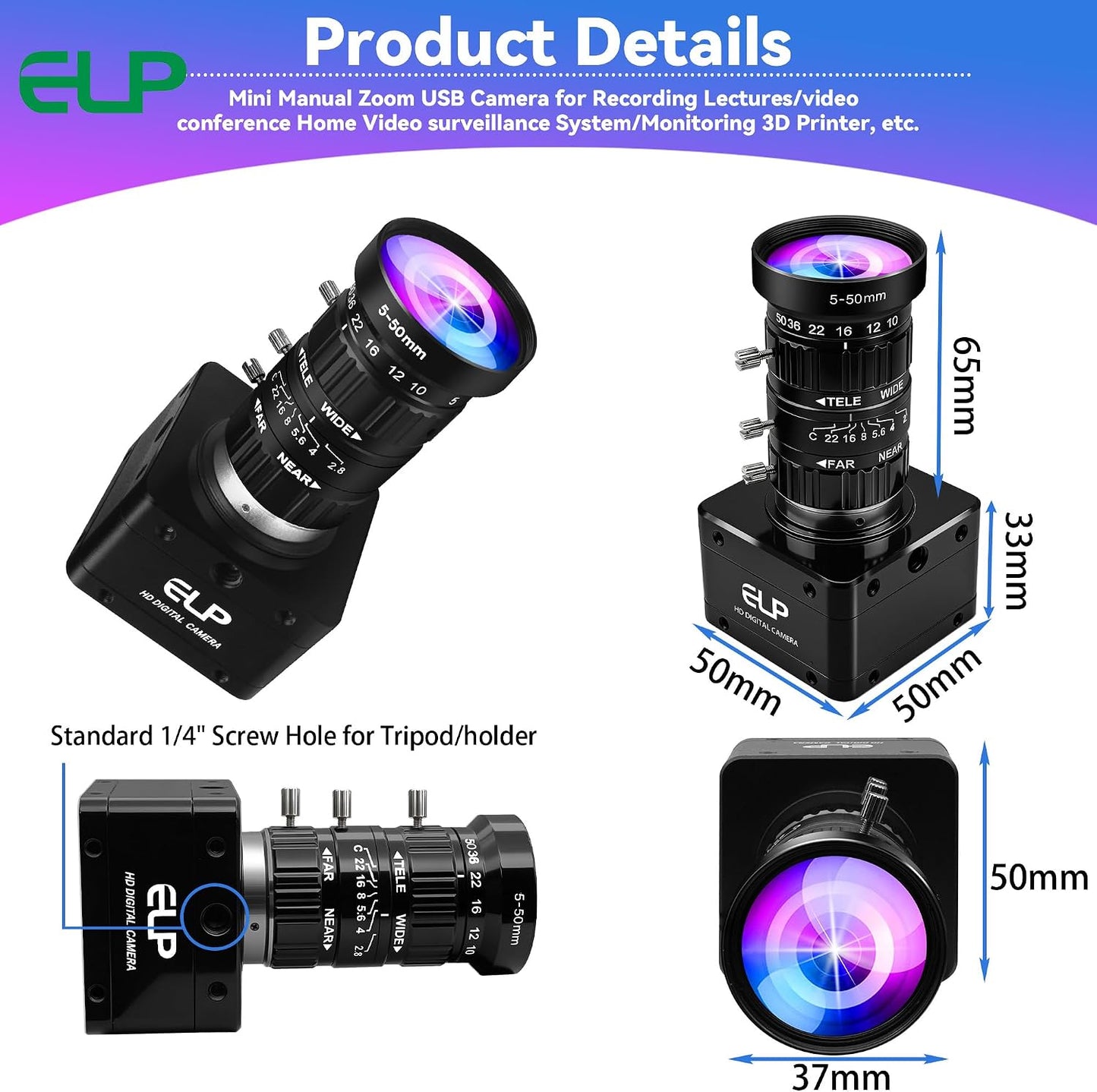 ELP High Speed USB Zoom Camera, 1080P/230fps, 4K/60fps, 12MP/30fps, USB3.0/2.0 Manual Focus Lightburn Cameras for Windows, Linux, Mac, Pi, Fast Frame 5-50mm 10X Zoom IMX577 Webcam for PC Jetson Nano