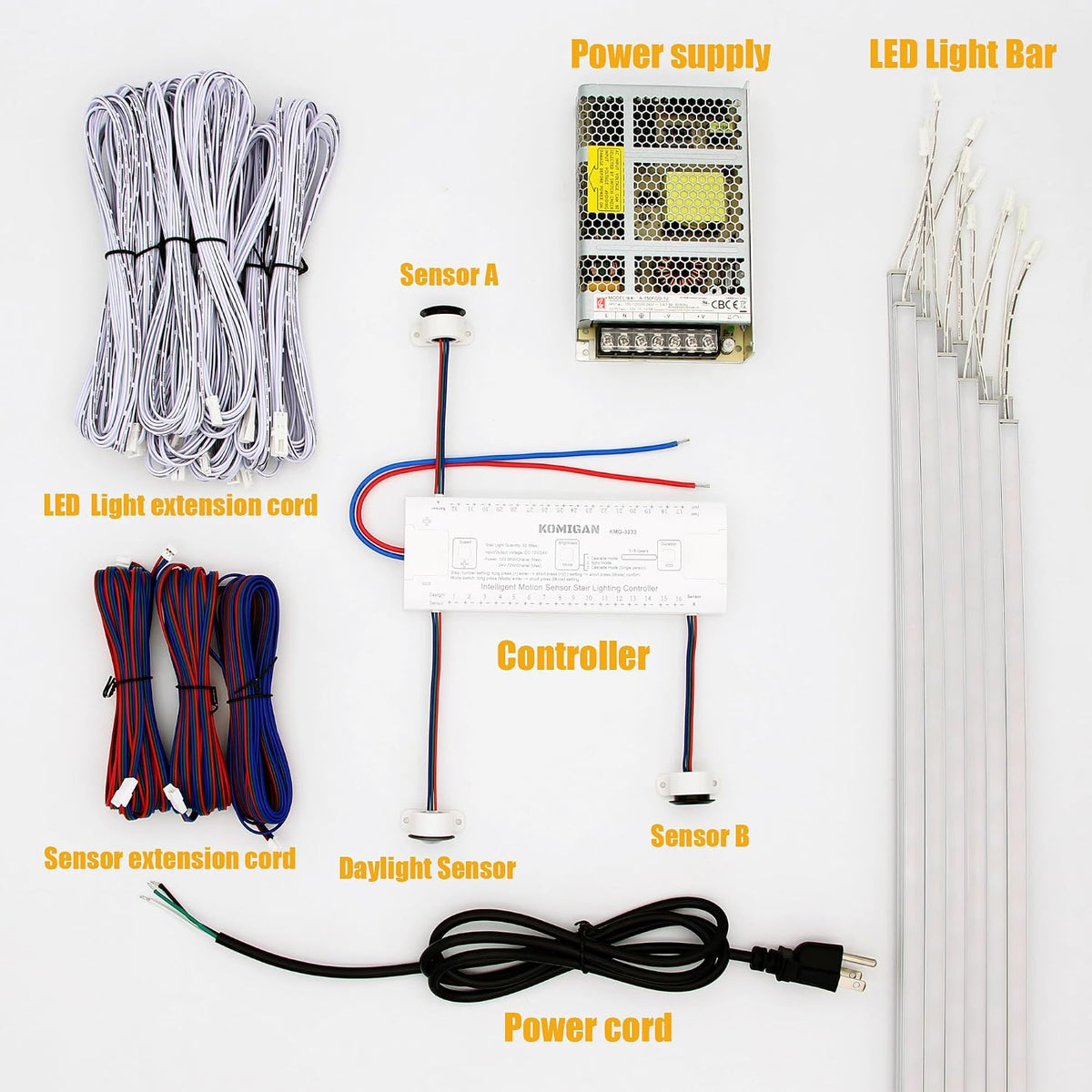 Motion-Activated Cascading Effect LED Stair Lighting Kit KMG-3233, 23.6" Aluminum Light Bar for Indoor Staircases (Warm White 3000K, 20 Stairs)