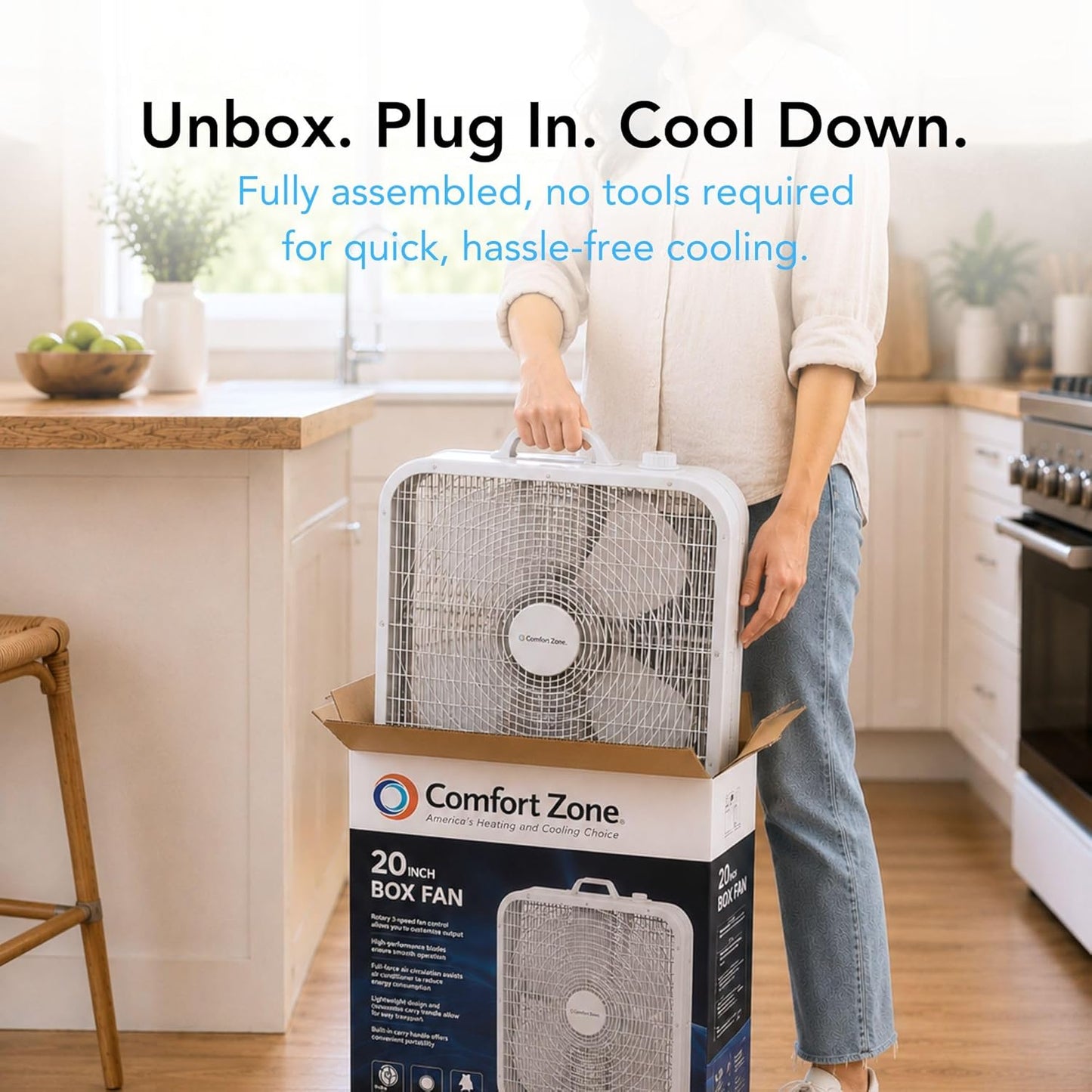 Comfort Zone Box Fan with Carry Handle, 20 inch, 3 Speed Full-Force Air Circulation Window Fan, Bedroom Floor Fan with 5 Blades, White Noise Cooling Fan, White
