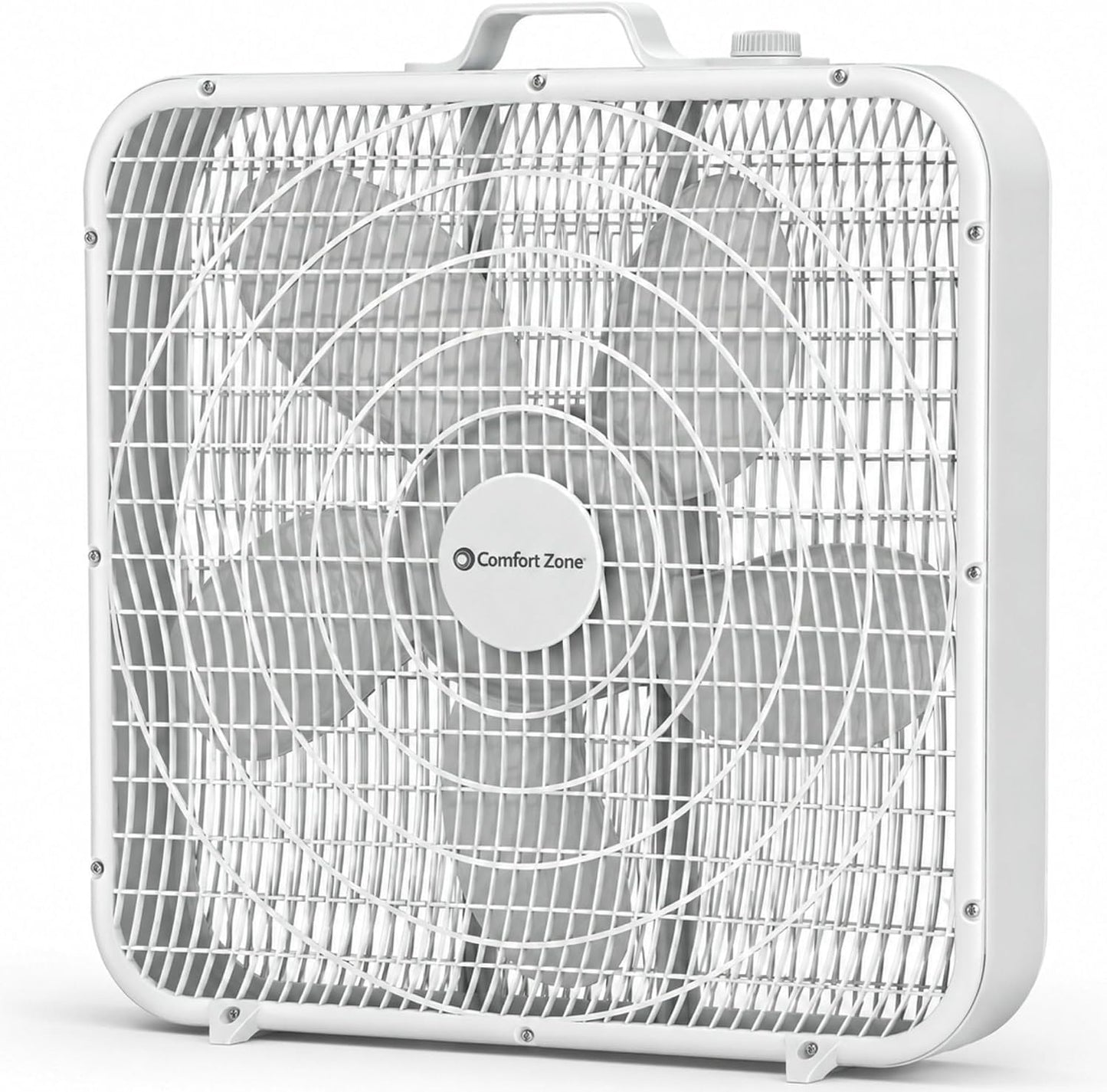Comfort Zone Box Fan with Carry Handle, 20 inch, 3 Speed Full-Force Air Circulation Window Fan, Bedroom Floor Fan with 5 Blades, White Noise Cooling Fan, White
