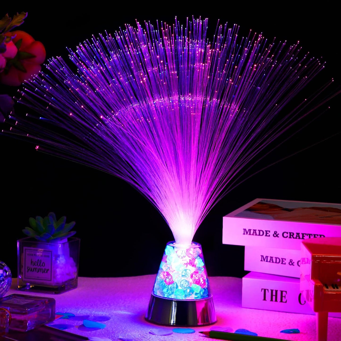 2 Pack LED Fiber Optic Lamp with Remote Control, 13.5" Multicolored Changing Fiber Optic Lights, Crystal Base Battery Powered Glitter Light for Room Wedding Disco Party Birthday Carnival Holiday