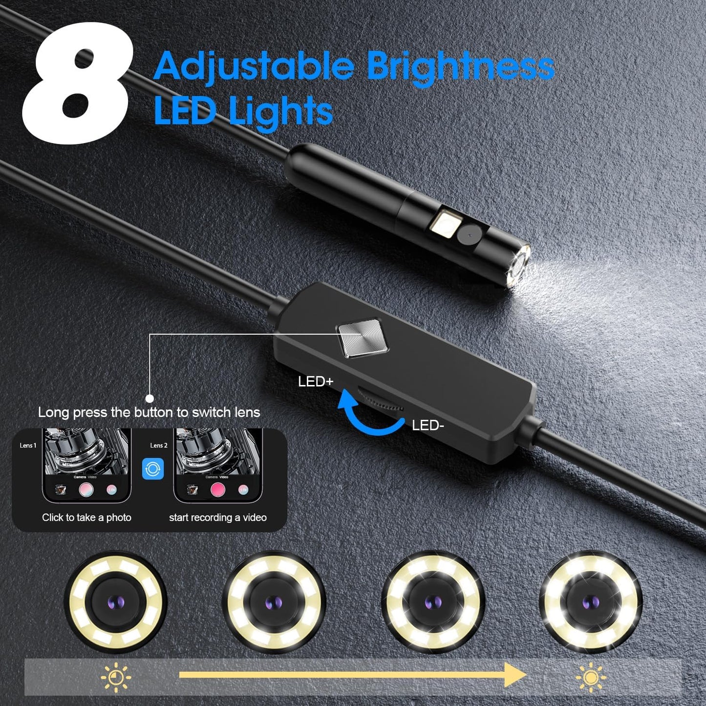 Endoscope with Light, 1920P HD Borescope with 8 Adjustable LED Lights, Semi-Rigid Snake Camera, IP67 Waterproof Inspection Tool (16.4ft, Black Harness + Dual Lens)
