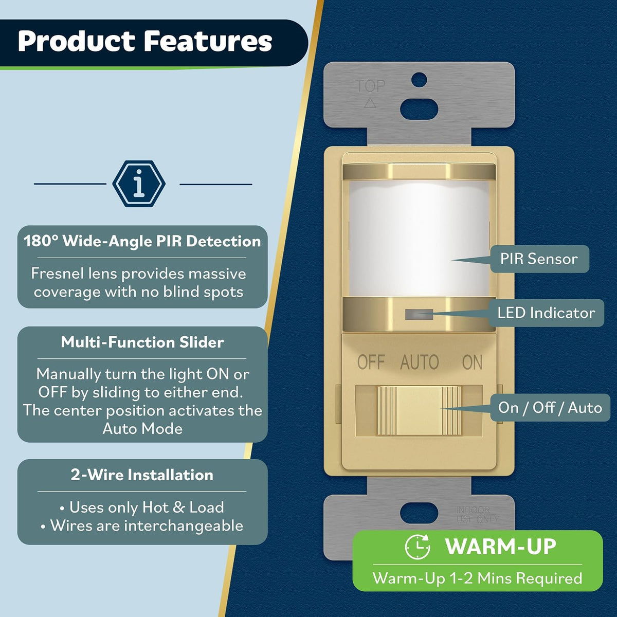 TOPGREENER Occupancy/Vacancy PIR Motion Sensor Light Switch, Gold, 1 Pack