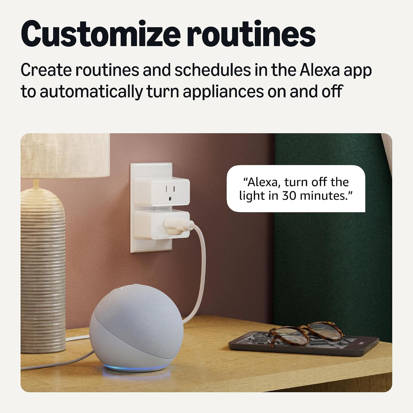 Amazon Basics Smart Plug with Timer Function, Voice Control, WiFi Outlet, Works with Alexa Only, Schedule, APP Control, 2.4 GHz Wi-Fi, No Hub Required, 2-Pack, White