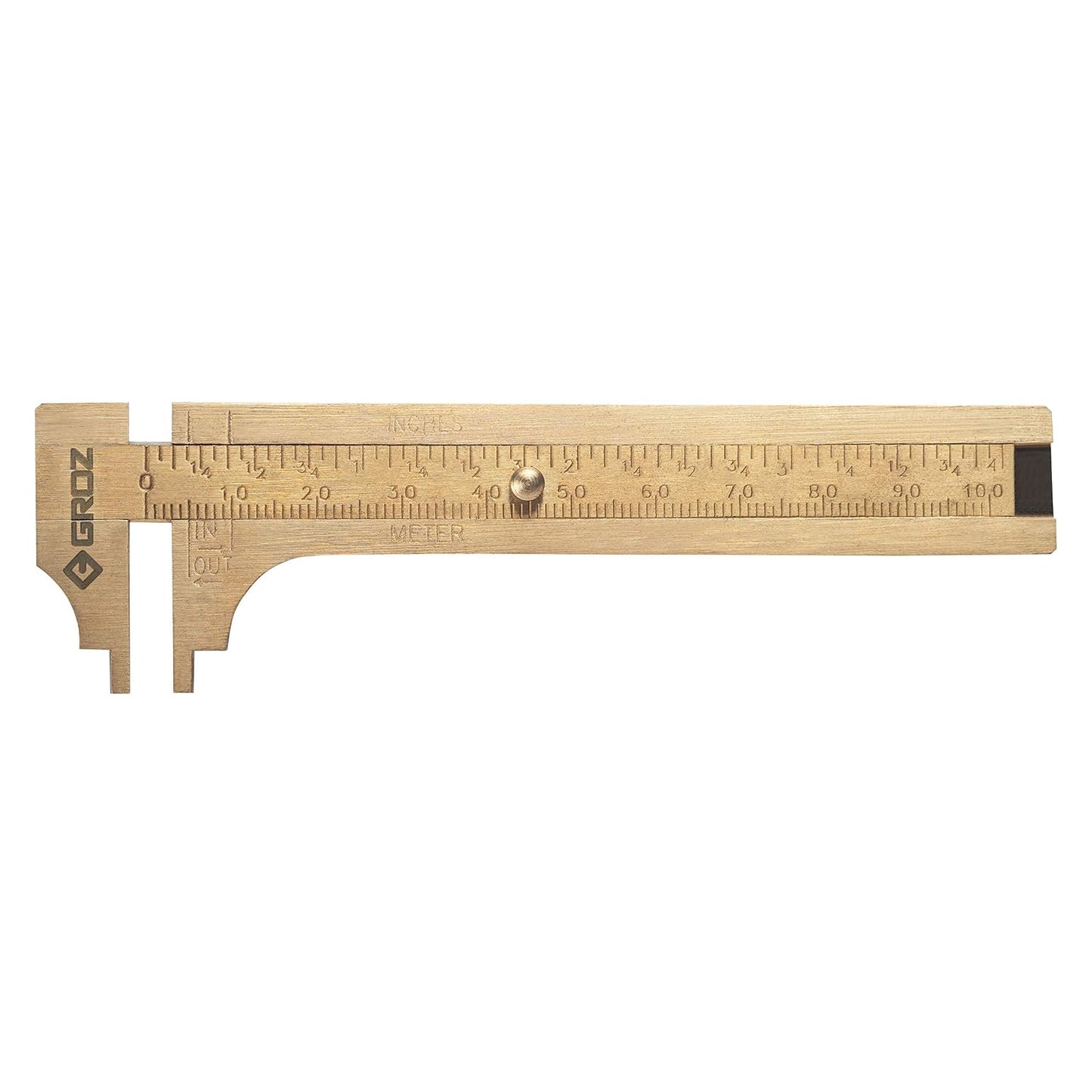 Groz 01304 4-Inch Pocket Brass Caliper, Inside & Outside Measurements, Non-Magnetic, Dual Imperial/Metric Graduations for Mechanics, Hobbyists, EDC