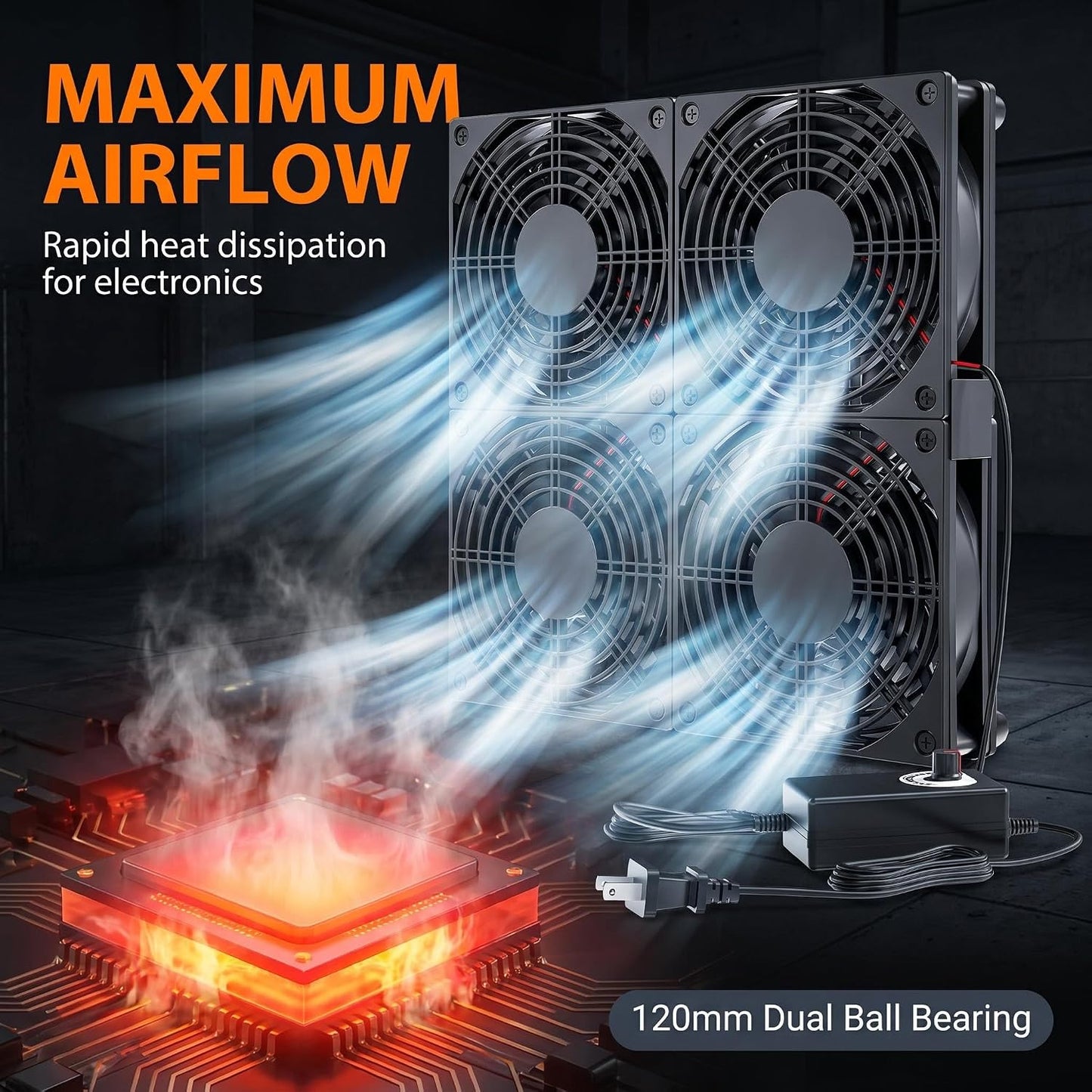 Adjustable Speed 4 Fans Cooling Pad, 4x120mm Computer Fan with AC Power Speed Controller Cooling for Game Console Laptop Router Network Cabinet