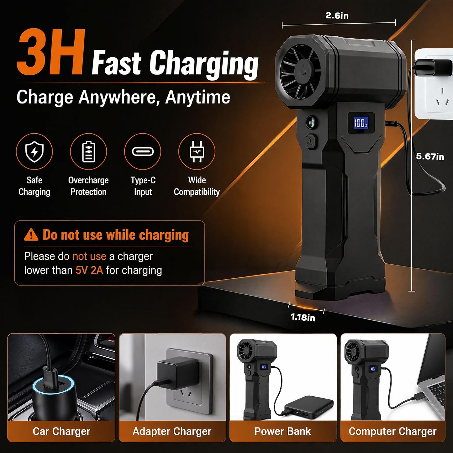 Compressed Air Duster, 130,000 RPM Electric Air Duster with Brushless Motor, 4-Speed Rechargeable Cordless Blower, Digital Display, LED Light and 5 Nozzles for Computer, Keyboard and Car