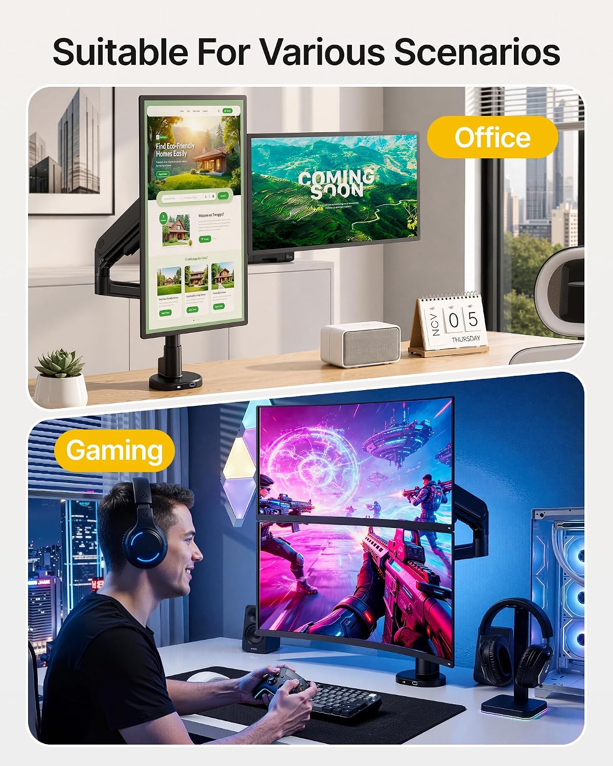 monTEK Dual Monitor Arm, Vertical Stackable 17–40" Full Motion with USB