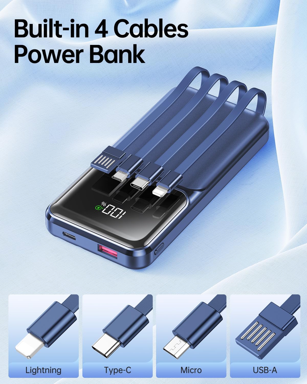 Portable Charger Power Bank with Built in Cable 20000mAh Fast Charging | 22.5W USB C Fast Charging Battery Pack for iPhone Android, Slim, LED Display,5 Outputs & 3 Inputs,Travel Essentials