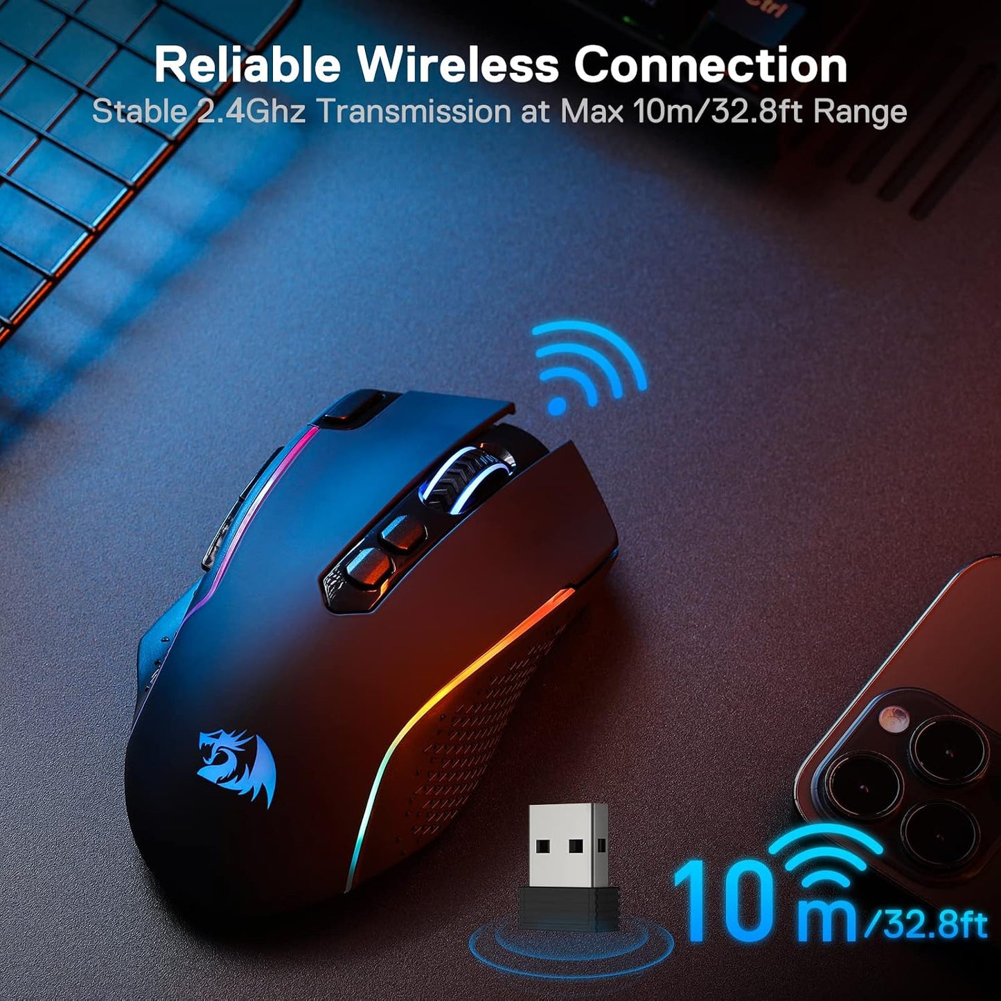 Redragon M810 PRO Wireless RGB Gaming Mouse 10000 DPI Remapping Keys | Cable-Free 0 Delay, Rapid-Fire Macro Keybinds, Vibing Backlight, Ergonomic Grip Body Comfort