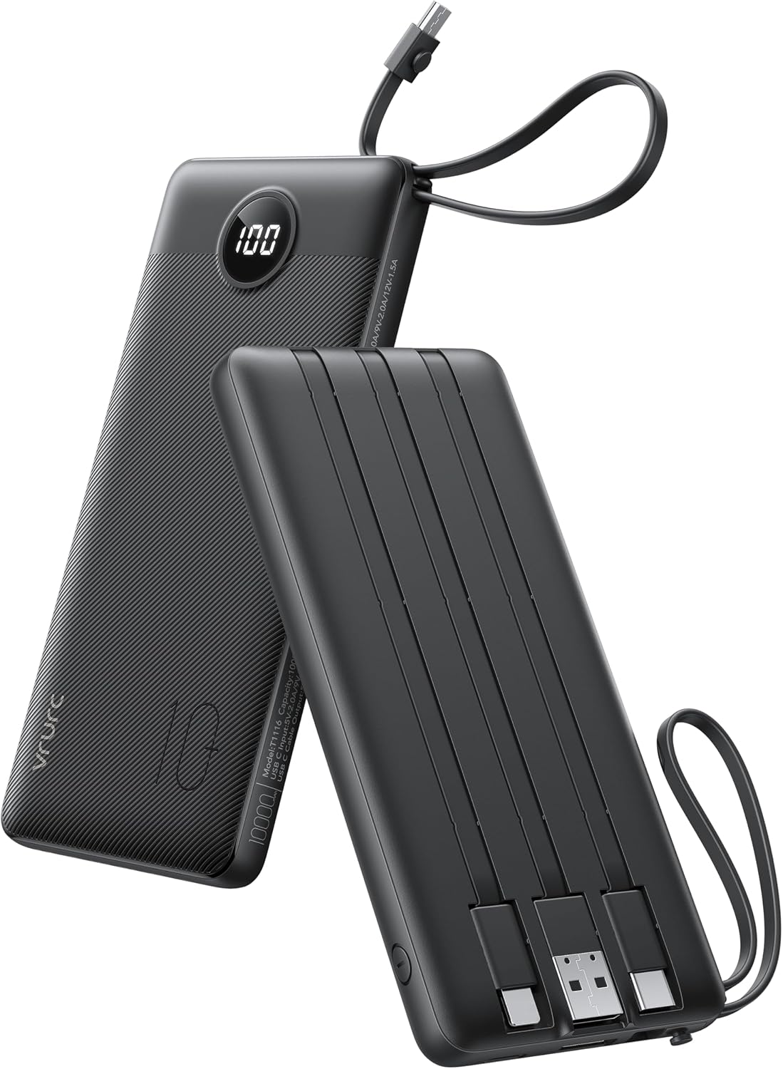 VRURC Portable Charger, Built-in 4 Cables Slim Power Bank 10000mAh, USB C Charging Bank with LED Display, Compact Travel Battery Pack with 5 Outputs for Multi Devices, Android-Black(1 Pack)