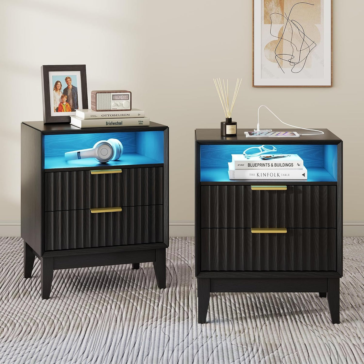 LVSOMT LED Nightstand Set of 2, RFID Lock, Charging Station, Black