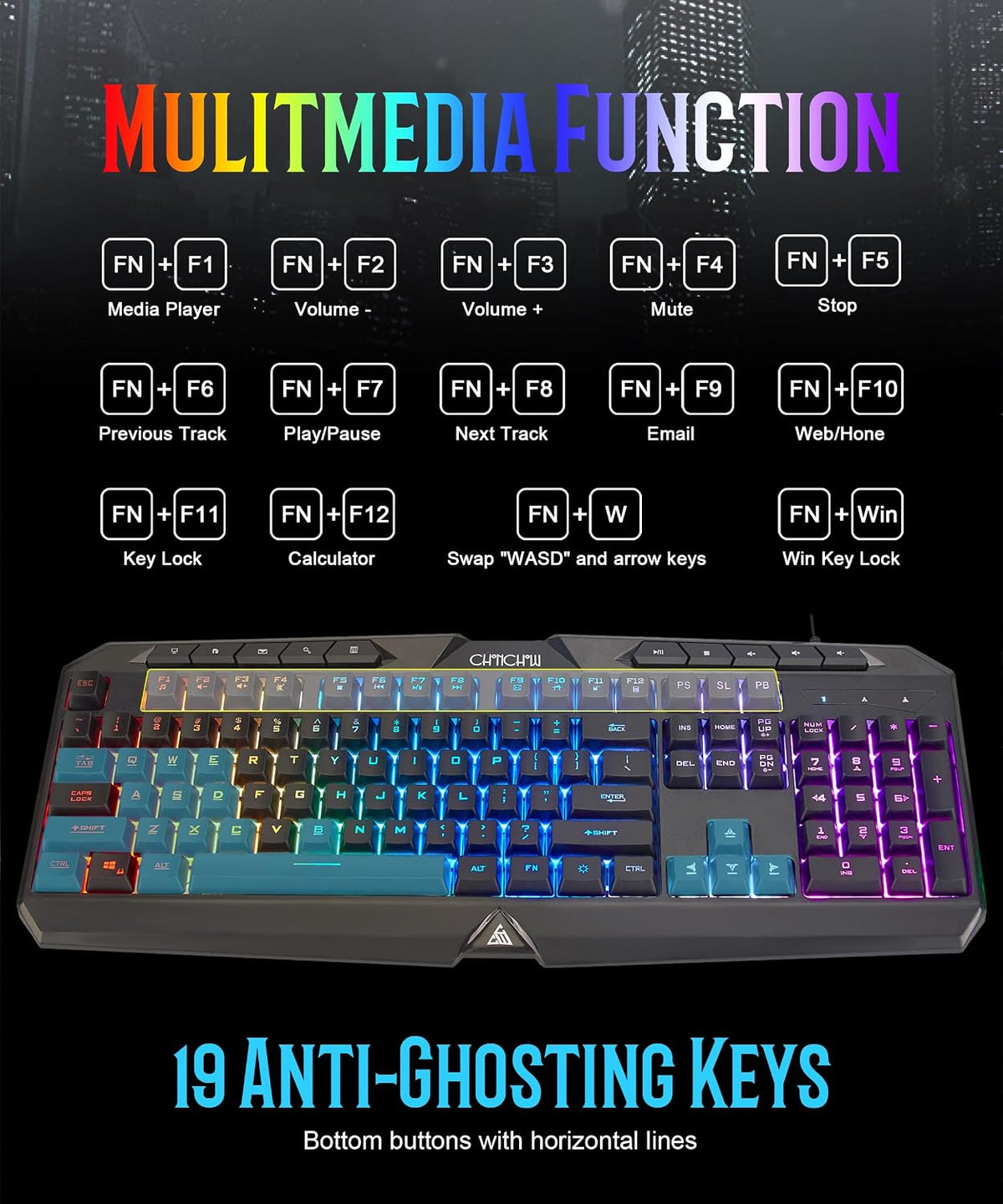 Light Up Gaming Keyboard Wired for PC PS5 Computer, USB Plug & Play, Quiet | 19-Key Anti-Ghosting, 12 Multimedia Keys, 114 Membrane Keys, Waterproof, Rainbow LED, Mechanical Feeling for Windows Gamer