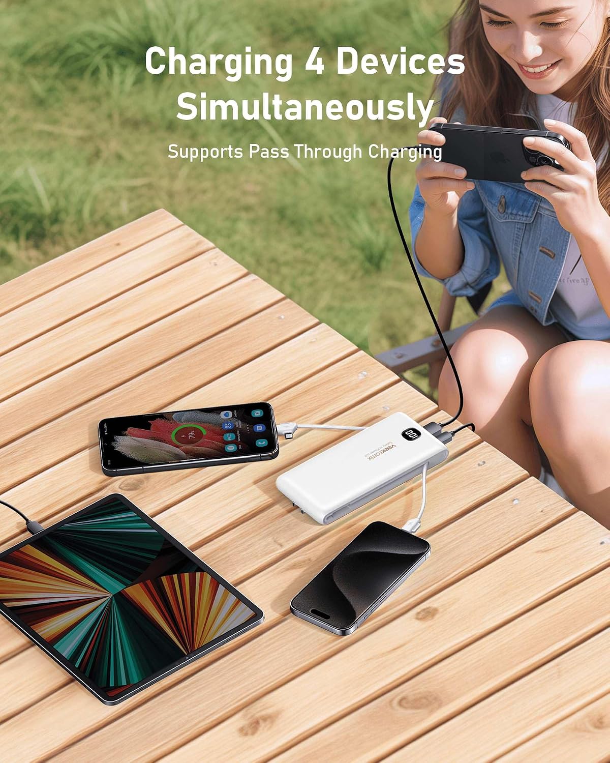 VEEKTOMX 10000mAh Portable Charger with Built-in Cables & Wall Plug | Fast Charging Slim USB-C Power Bank for iPhone, Samsung, iPad | 5 Outputs, Charges 4 Devices | Travel Ready, ETL Certified