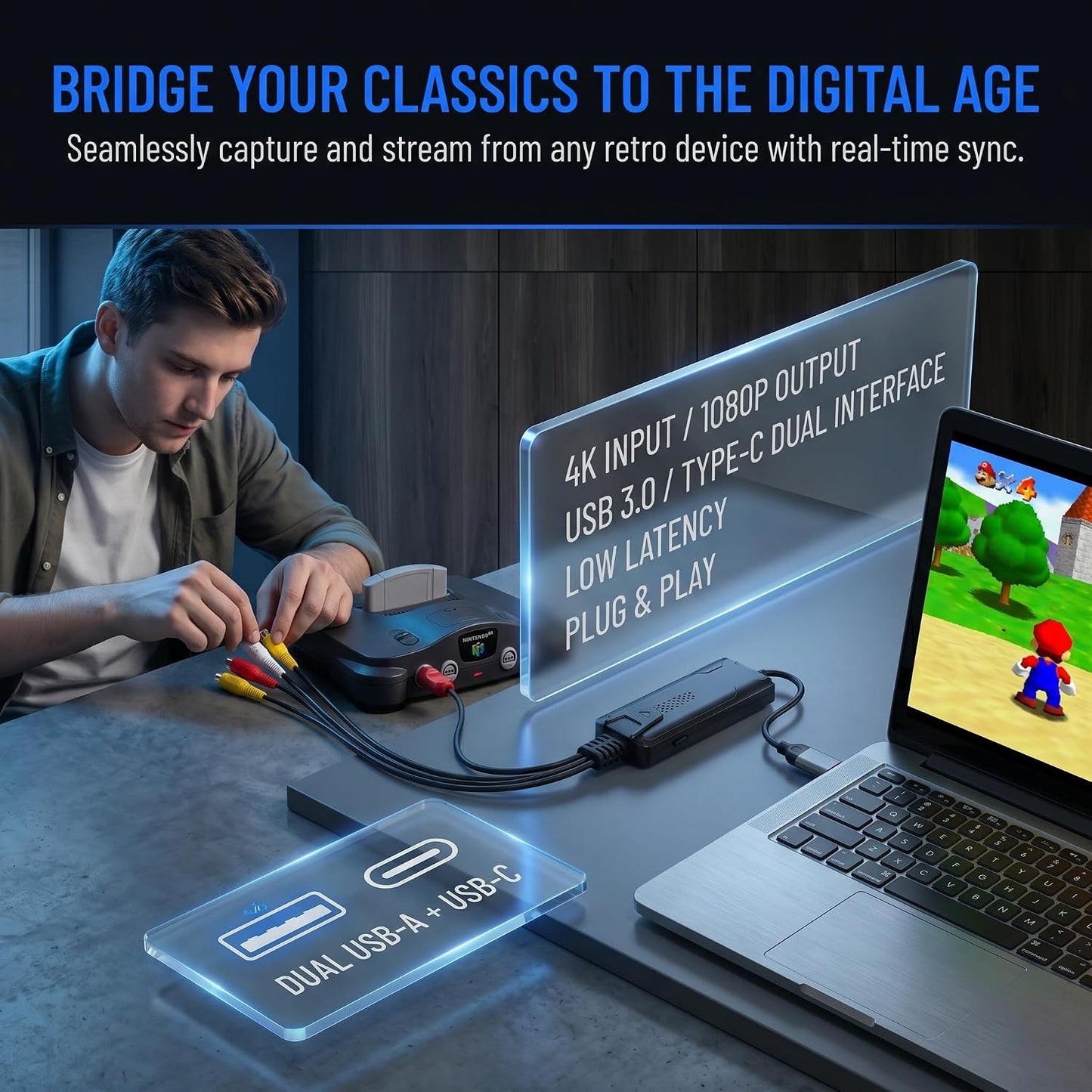 VHS to Digital Video Capture Card for VCR, Hi8, Mini DV Tapes - Plug & Play | Dual USB & Type-C Easily convert VHS, camcorder & old console videos to digital, Plug and play