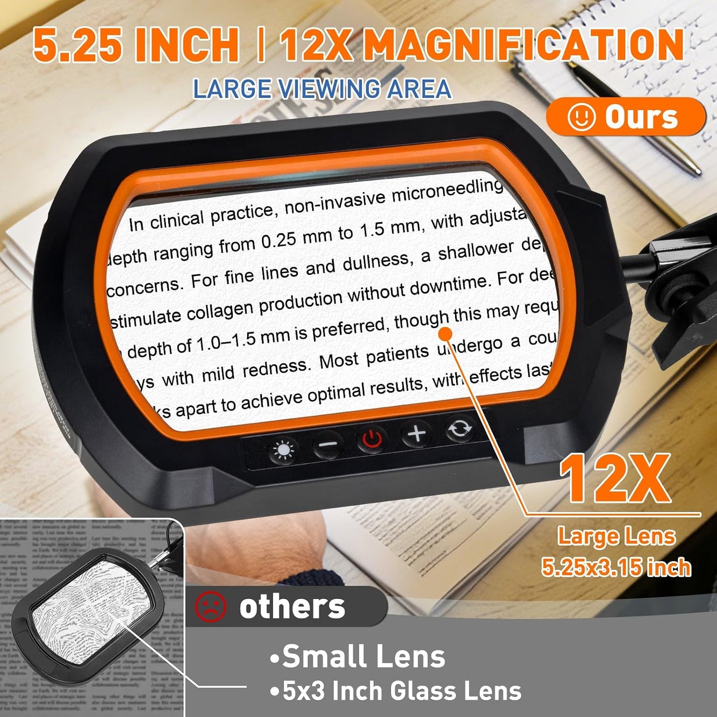 HITTI 12X Square Ultra Long Magnifying Glass with Light and Clamp | 3-Section Arm Hands Free Lighted Stand, 5 Color Modes, Stepless Dimming LED Desk Lamp for Workbench, Crafting, Reading-Yellow