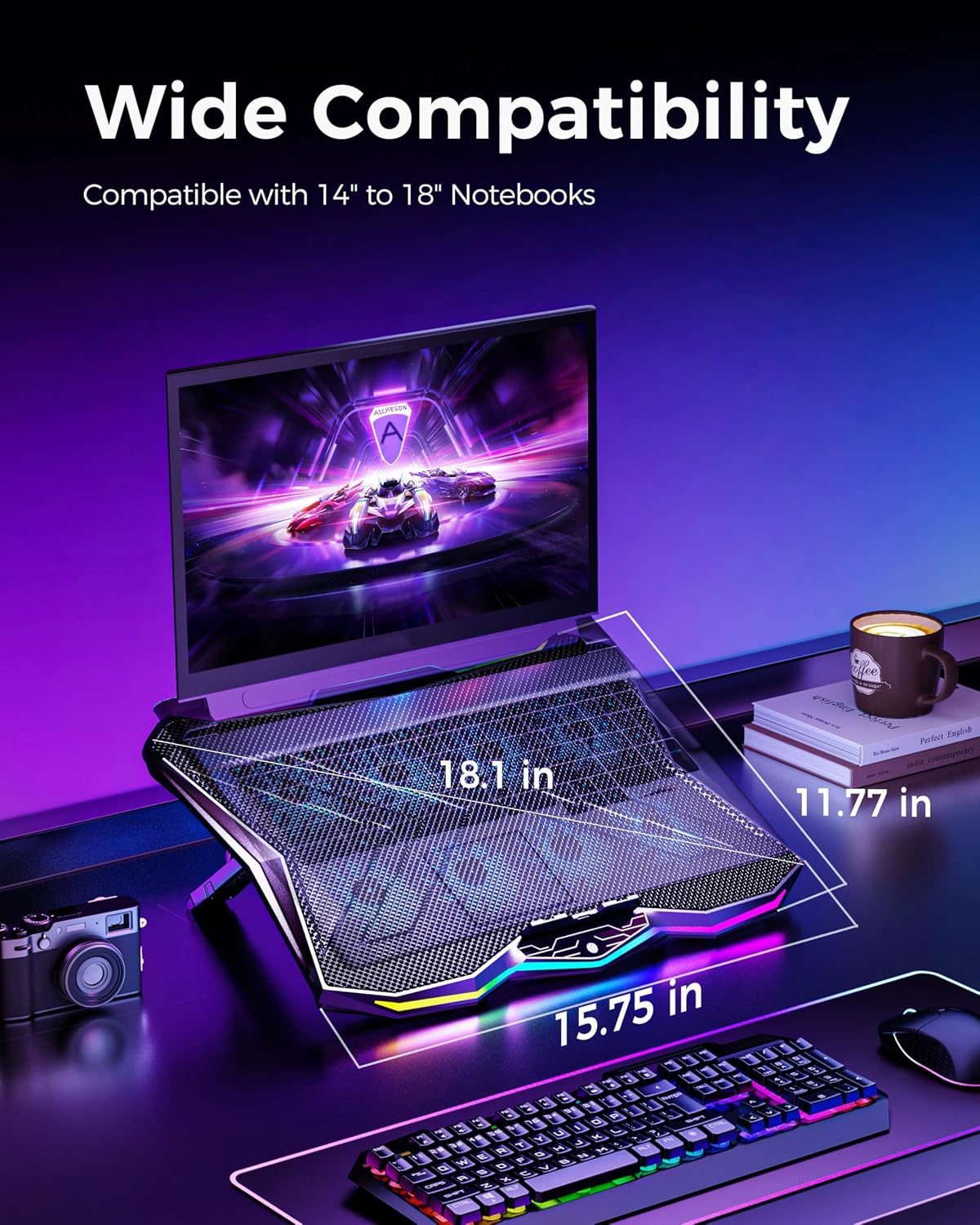 AICHESON Laptop Cooling Pad with 8 Cooler Fans for 15.6-17.3 Inch Computers | RGB Atmosphere Lights, Computer Base Stand with 7 Height Slots, Blue LED Lights with Fans, 2 USB Ports, AA3
