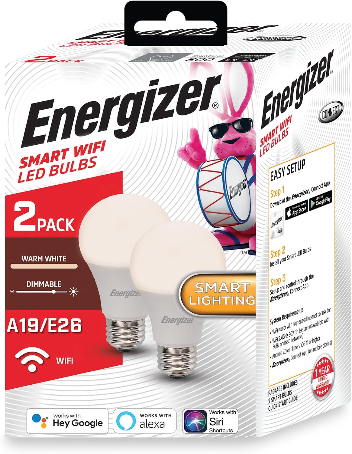 XTREME Energizer Smart Wi-Fi LED Light Bulb, Warm White, 60W, 800 Lumens, Compatible with Alexa, Google Assistant and Siri, Control from Anywhere with App, Custom Schedules, 2-Pack