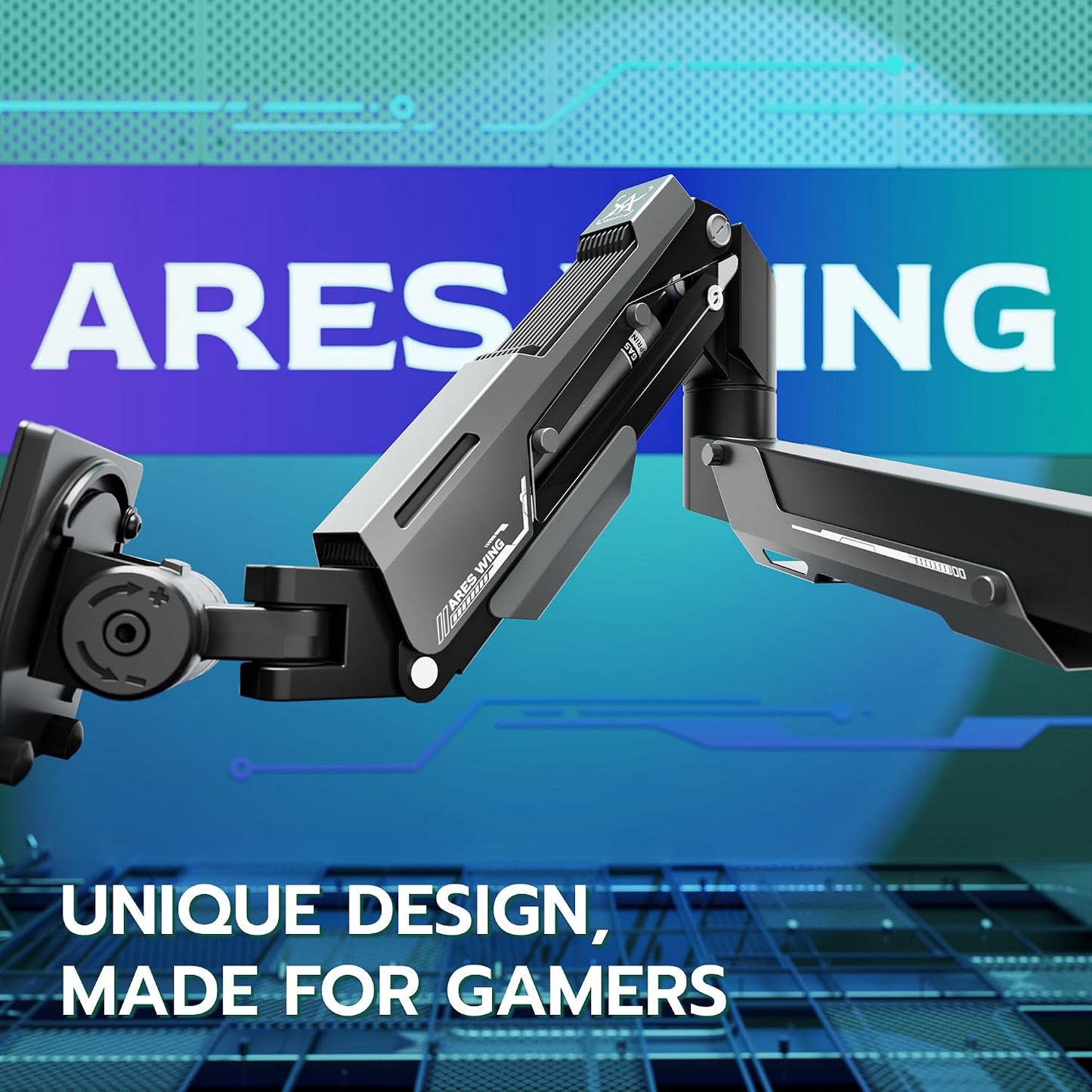 ARES WING Heavy Duty Monitor Arm for 24-57 Inch Screens, Black | Gas Spring Aluminum Monitor Mount for Ultrawide Screens up to 66 lbs with Clamp/Grommet Desk Mount, 75/100/200 Vesa Mount