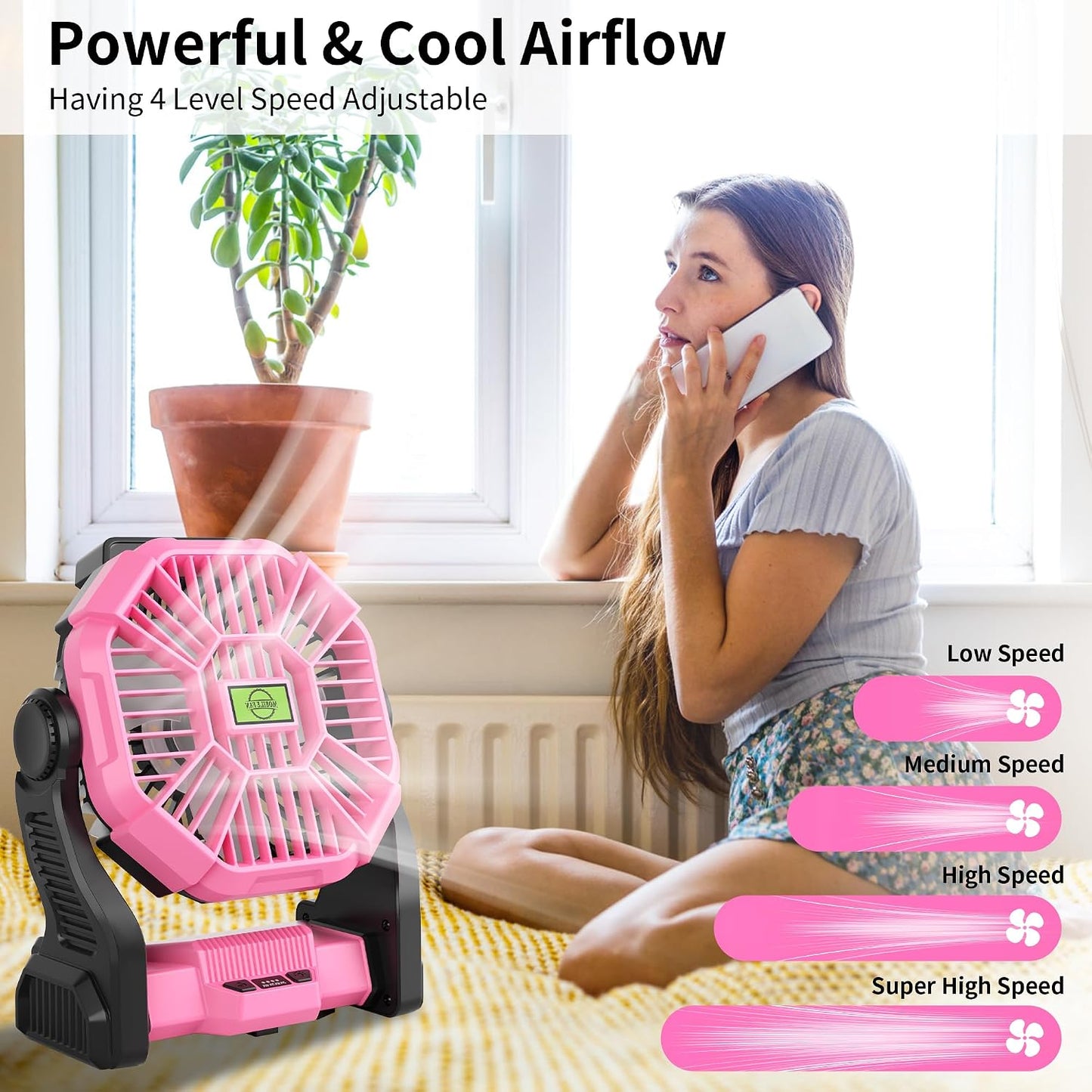 Portable Fan Rechargeable Camping Tent Fan Rechargeable Essentials | 20000mAh Cordless Battery Powered Operated Fan Camping Fan with Light, USB Rechargeable Desk Fan Portable for Travel X23 Pink