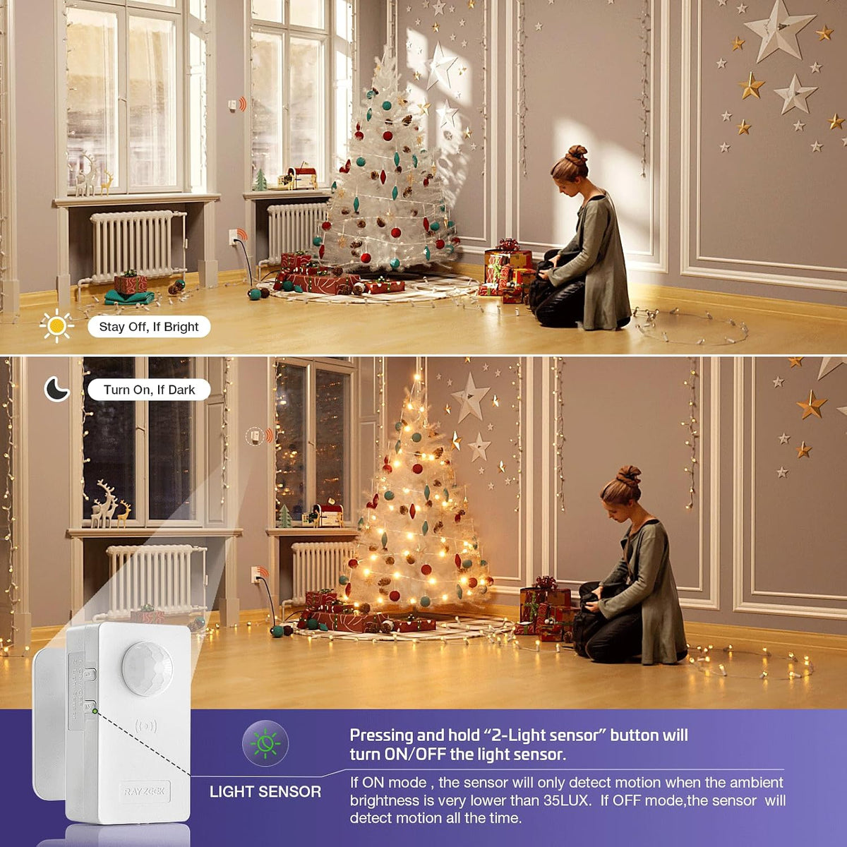 RAYZEEK Wireless Motion Sensor Plug Kits,No-Wire Mini PIR Sensor Switch Control Plug to Auto Turn On/Off Electrical Devices,10A/1100W for Christmas Lights,Fans,Household Appliances