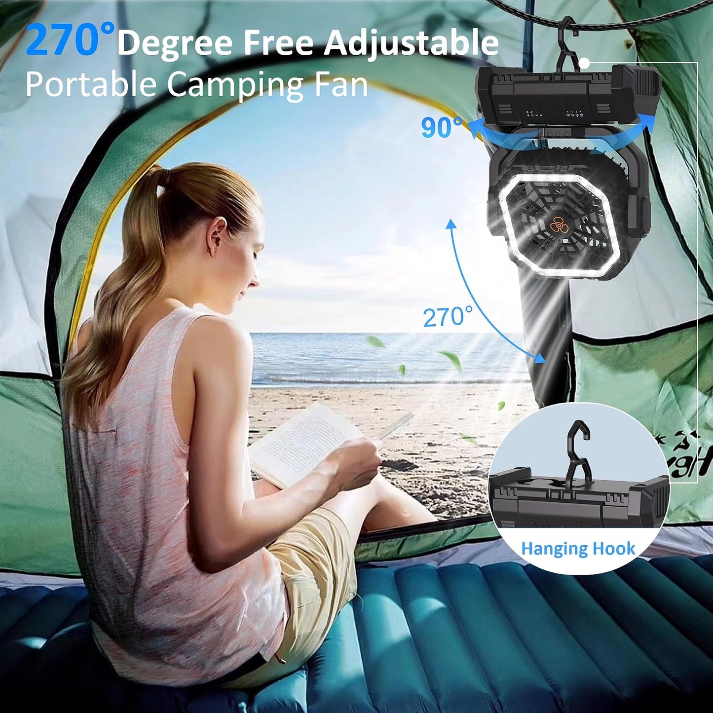 Honesorn 20000mAh Camping Fan Rechargeable with LED & Light Remote, Black | Up to 60H Runtime, 45°/90°Oscillating, Hanging Hook, 4 Speeds, 8H Timer, USB-C Charging, for Camping, Tent, Travel, Outdoor