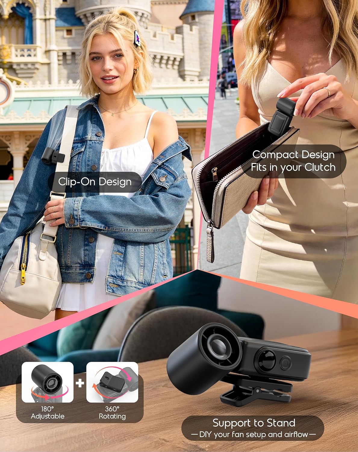 Clip-On Portable Fan for Strollers, 13500RPM Mini Handheld Turbo Travel Fan | Rechargeable 360° Rotatable, LED Display, 4 Gear High Speed Turbo, Travel Cruise Concert Office Makeup Ideal, Women Men Gifts