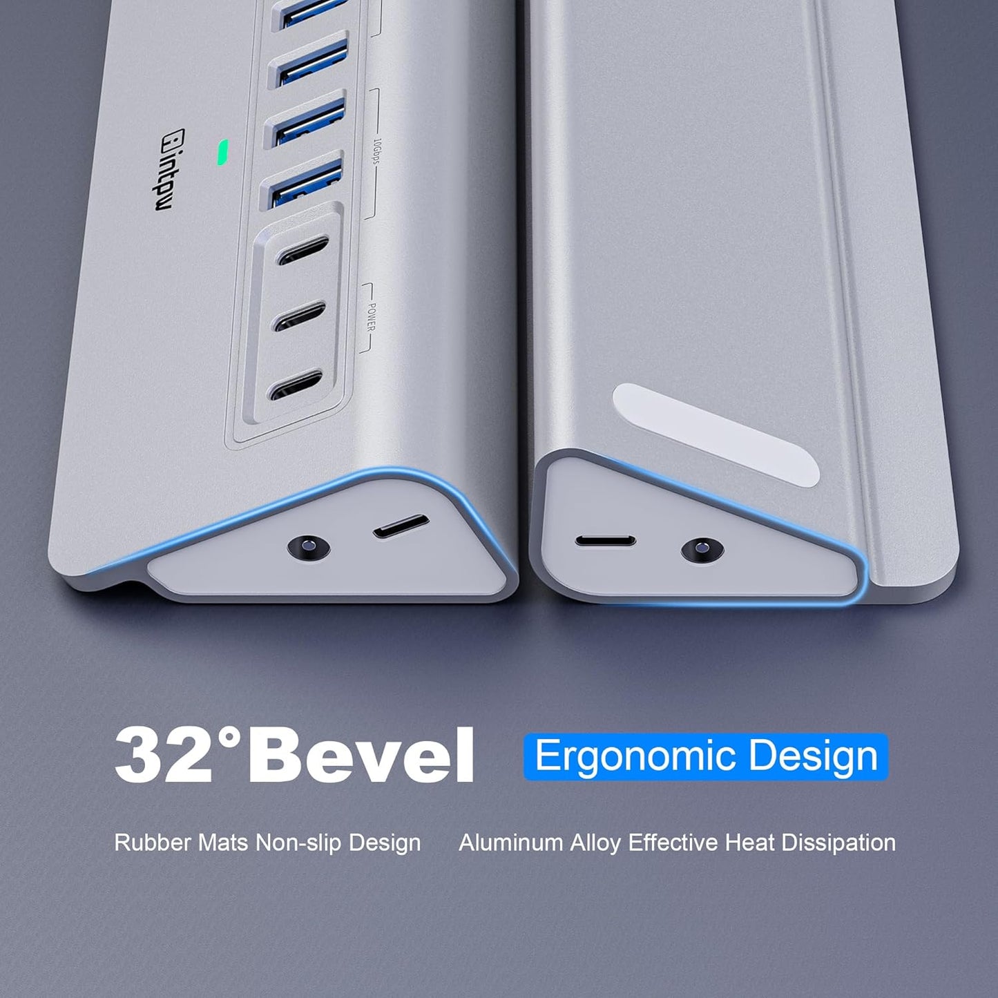Powered USB Hub 10Gbps, intpw 9-Port USB 3.2 Hub, USB C Hub with USB A/USB C 3.2, 4 USB 3.0, 2 PD 45W Charging Ports, 65W Power Adapter and 3.3FT Cable, Aluminum USB Hub for PC,Laptop,iPhone 17/16/15