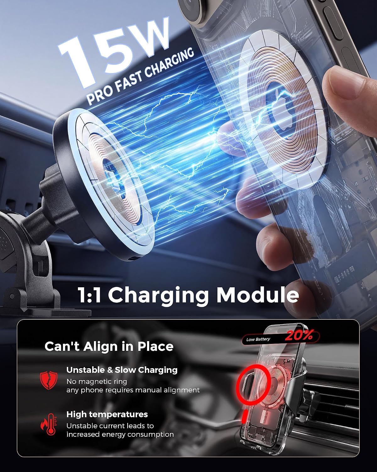 Estbuc 2-in-1 15W Magsafe Car Mount Charger, Magnetic Wireless Car Charger | 360° Dashboard & Air Vent Phone Mount, Phone Holders for Your Car, Car Accessories for Men Women for iPhone 17-12
