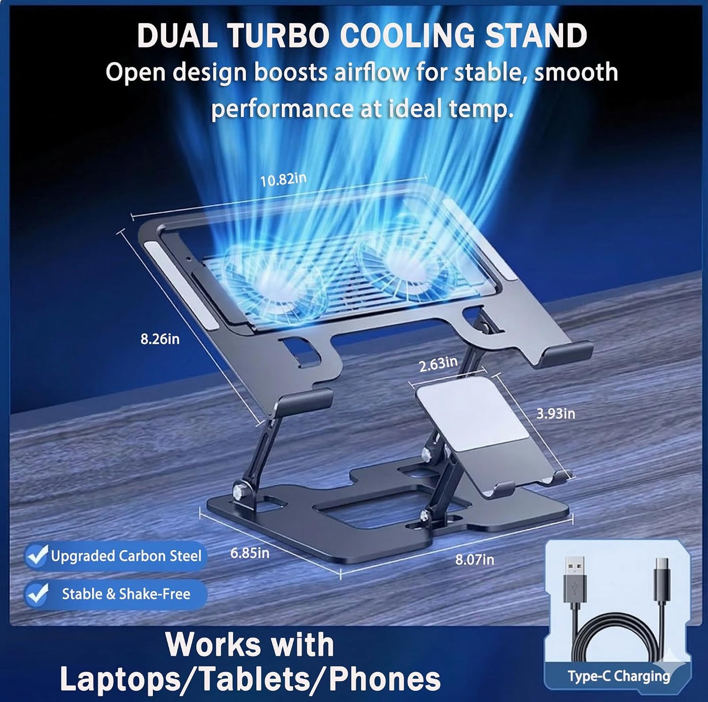 Laptop &amp; Phone 2-in-1 Cooling Stand with Silent Fan, Adjustable Height &amp; Angle, Carbon Steel Foldable Laptop Riser, Gaming Laptop Cooler Pad for Laptops Up to 18 Inch (Black)